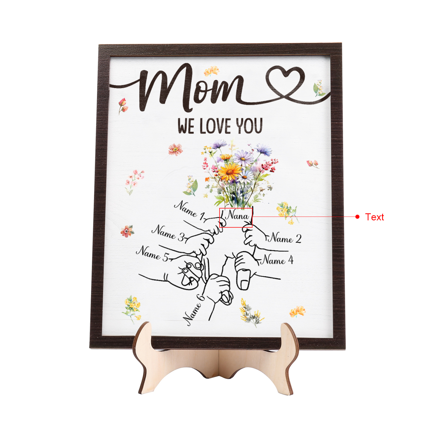 6 Names - Personalized Hand-in-Hand Wooden Plaque for Mom - Customize with Names & Text - Mother’s Day Gift