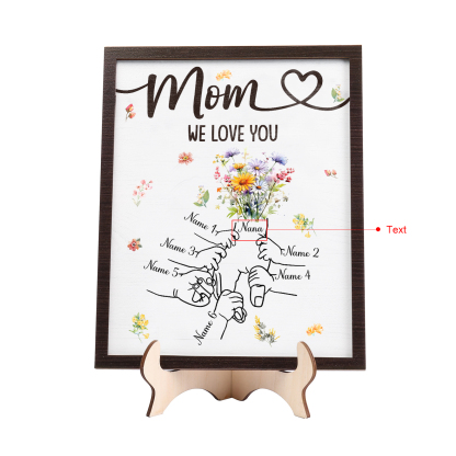 6 Names - Personalized Hand-in-Hand Wooden Plaque for Mom - Customize with Names & Text - Mother’s Day Gift