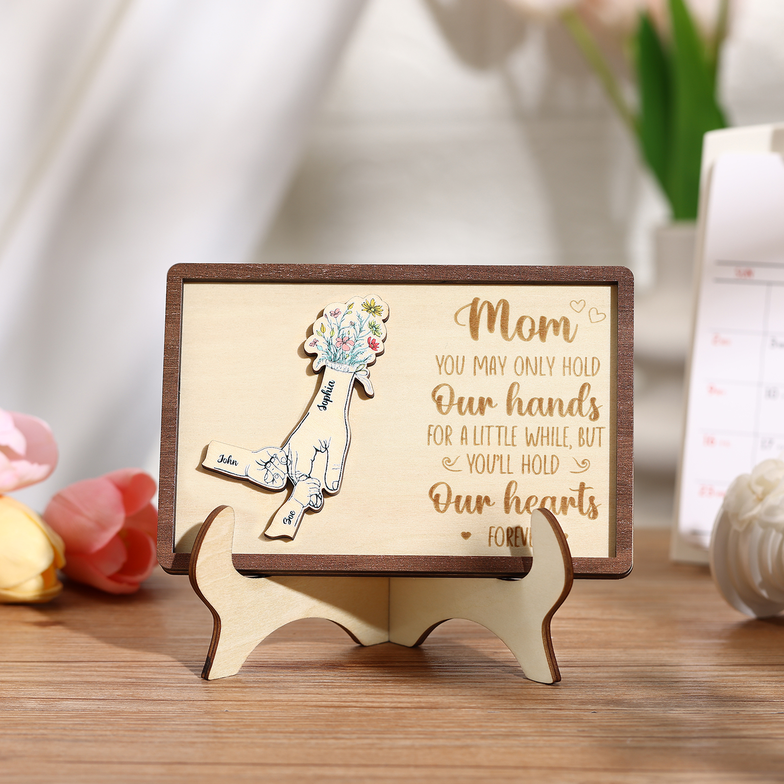 3 names - Hand-in-Hand Custom Wooden Plaque for Mom - Personalized Mother's Day Wooden Plaque