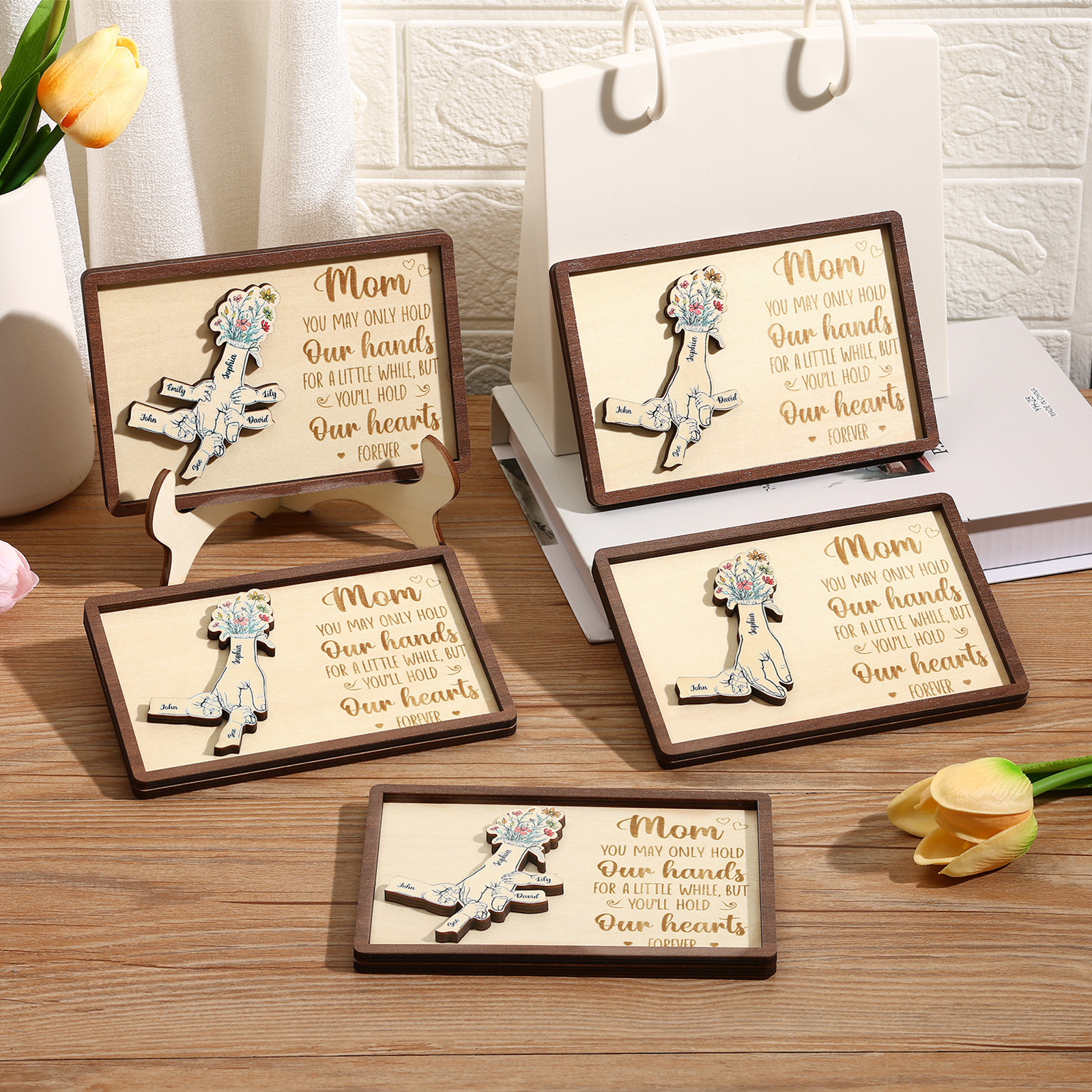 4 names - Hand-in-Hand Custom Wooden Plaque for Mom - Personalized Mother's Day Wooden Plaque