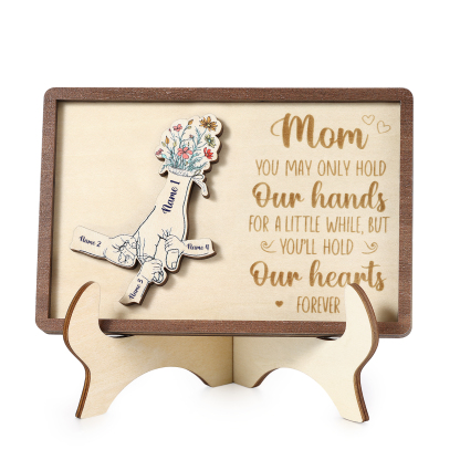 4 names - Hand-in-Hand Custom Wooden Plaque for Mom - Personalized Mother's Day Wooden Plaque