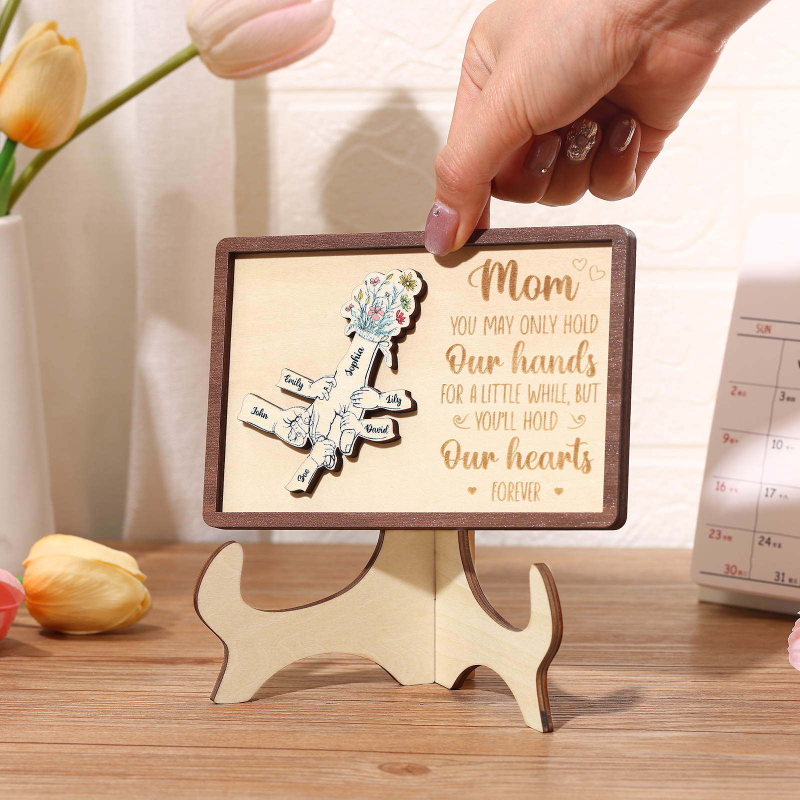 6 names - Hand-in-Hand Custom Wooden Plaque for Mom - Personalized Mother's Day Wooden Plaque