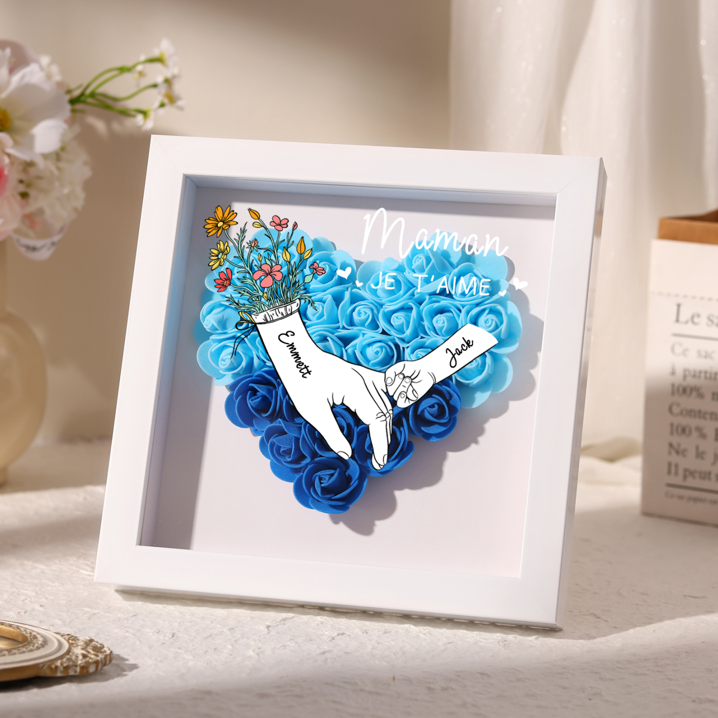 2 Names - Custom 3D Flower Shadow Plaque - Personalized Gift Decor with Names & Texts - Mother's Day, Grandma, Wife Plaque