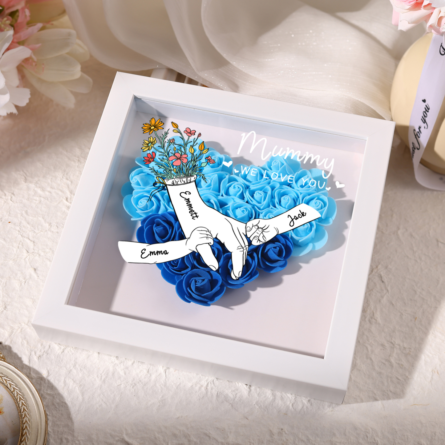 3 Names - Custom 3D Flower Shadow Plaque - Personalized Gift Decor with Names & Texts - Mother's Day, Grandma, Wife Plaque