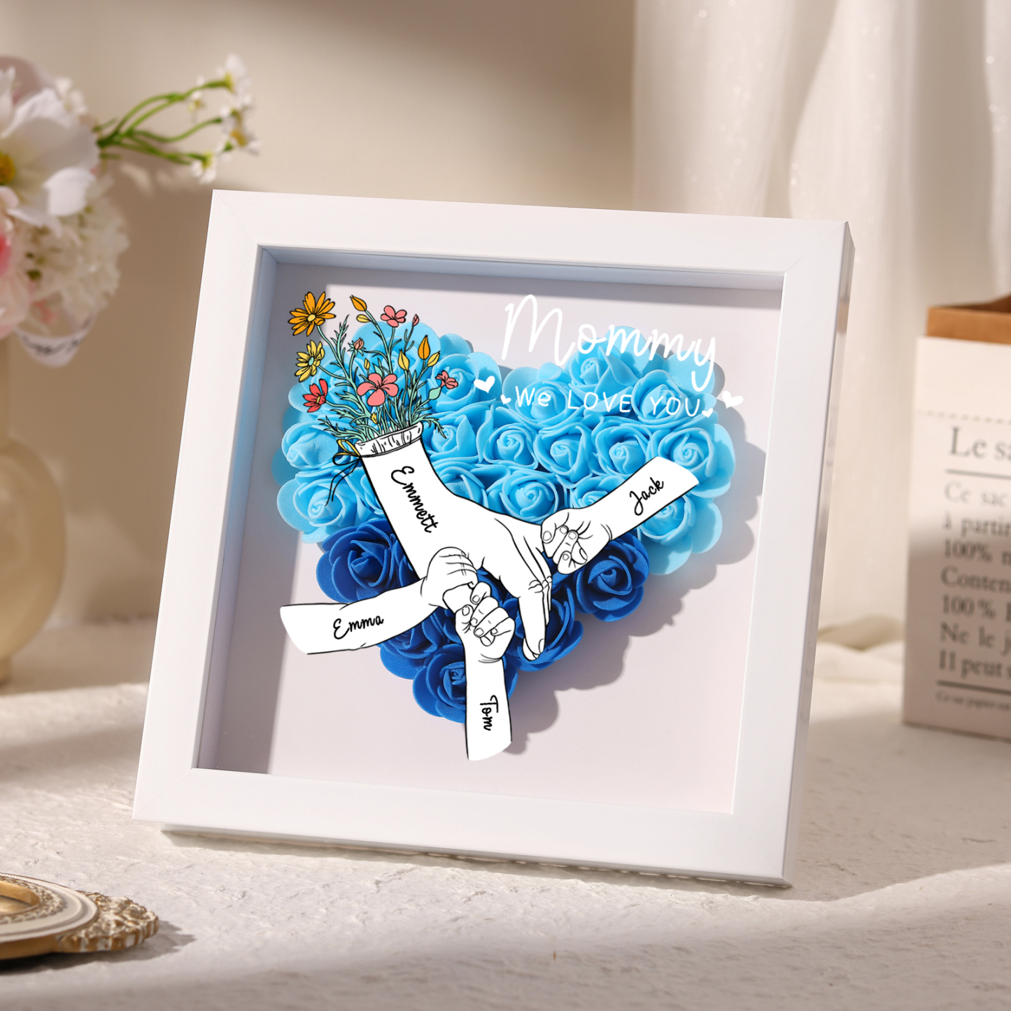 4 Names - Custom 3D Flower Shadow Plaque - Personalized Gift Decor with Names & Texts - Mother's Day, Grandma, Wife Plaque