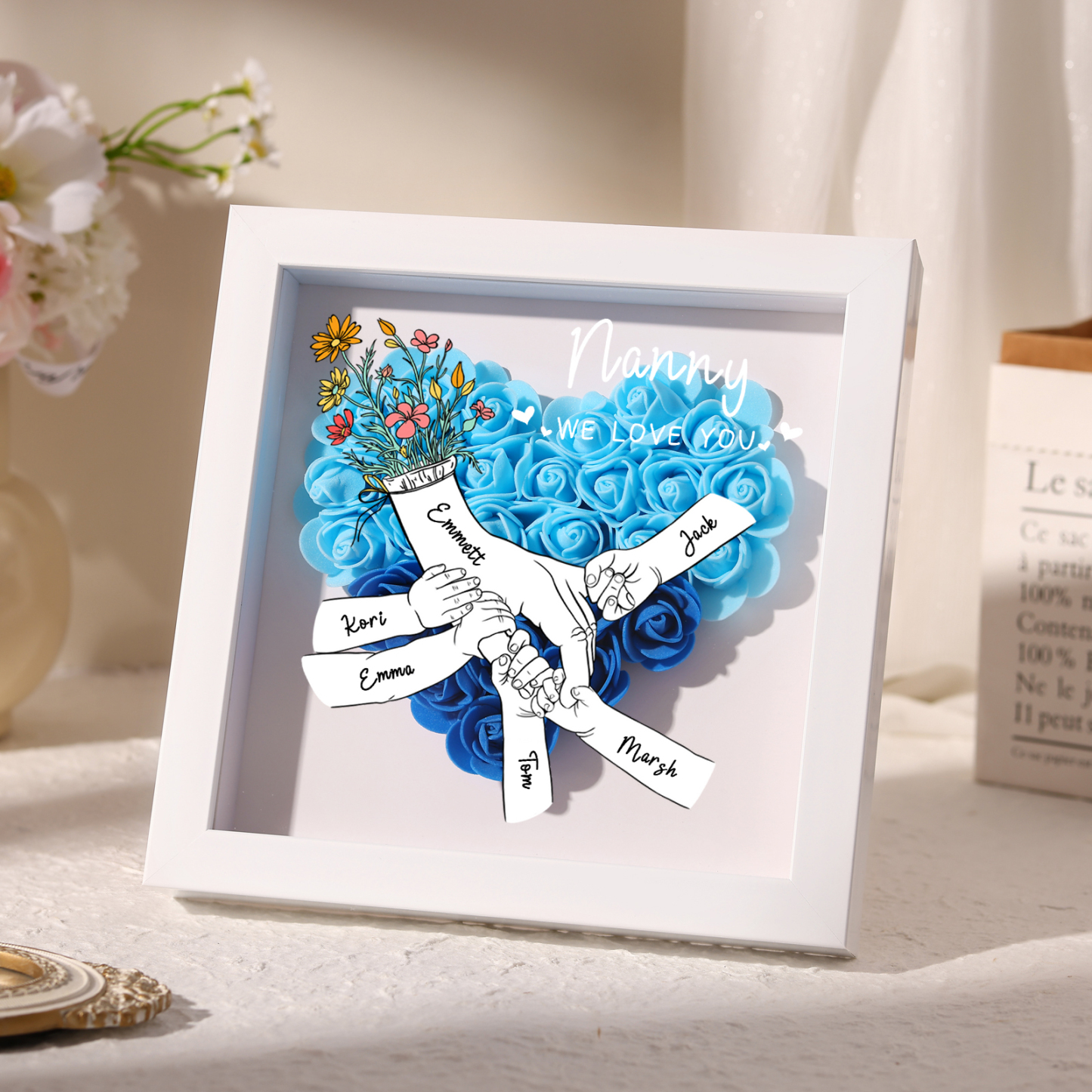 6 Names - Custom 3D Flower Shadow Plaque - Personalized Gift Decor with Names & Texts - Mother's Day, Grandma, Wife Plaque