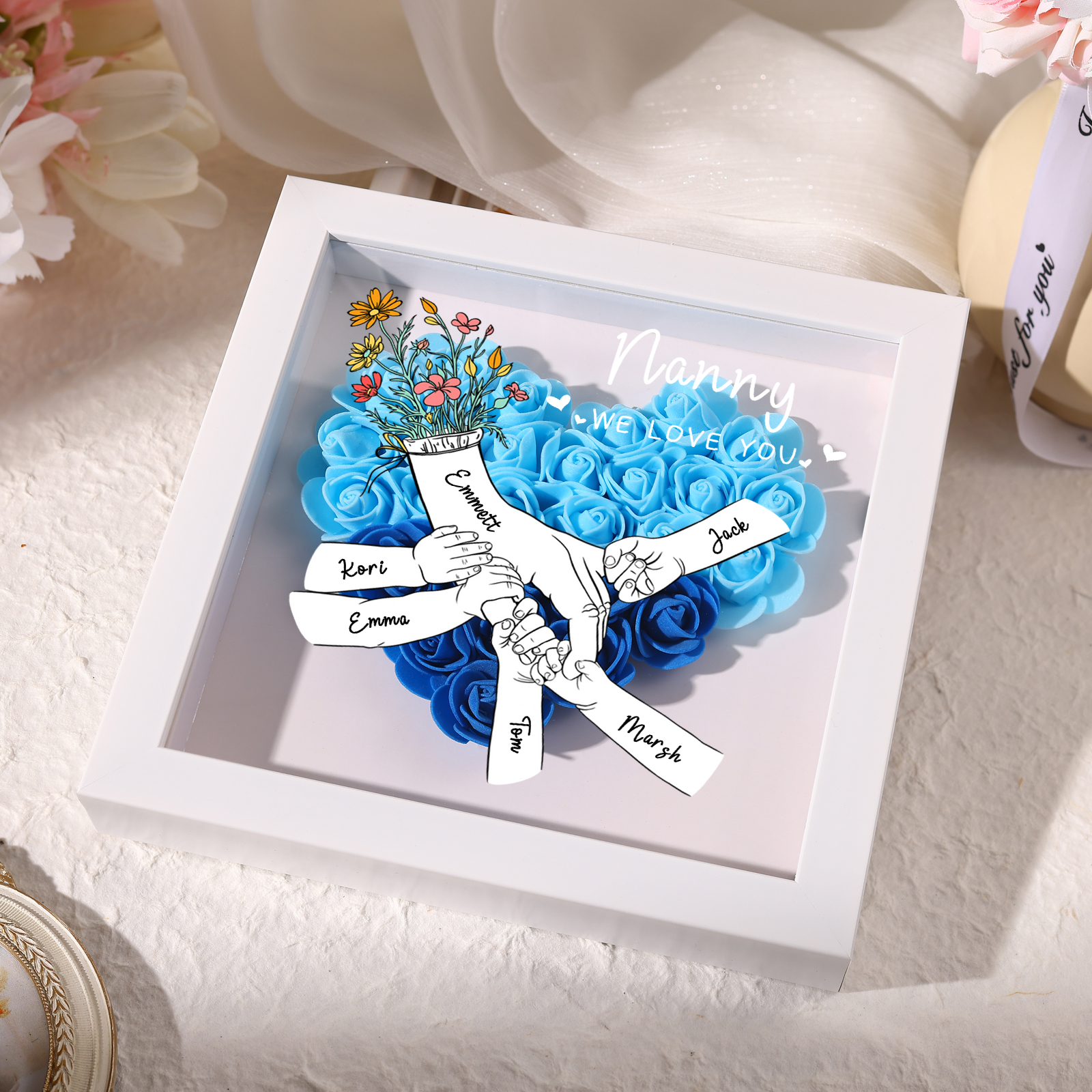 6 Names - Custom 3D Flower Shadow Plaque - Personalized Gift Decor with Names & Texts - Mother's Day, Grandma, Wife Plaque