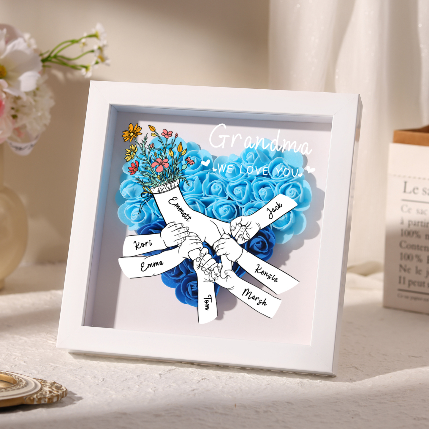 7 Names - Custom 3D Flower Shadow Plaque - Personalized Gift Decor with Names & Texts - Mother's Day, Grandma, Wife Plaque