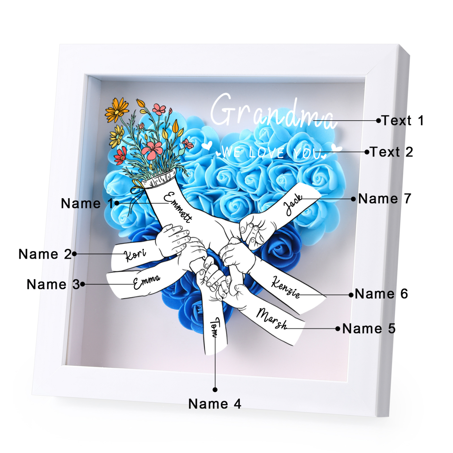 7 Names - Custom 3D Flower Shadow Plaque - Personalized Gift Decor with Names & Texts - Mother's Day, Grandma, Wife Plaque