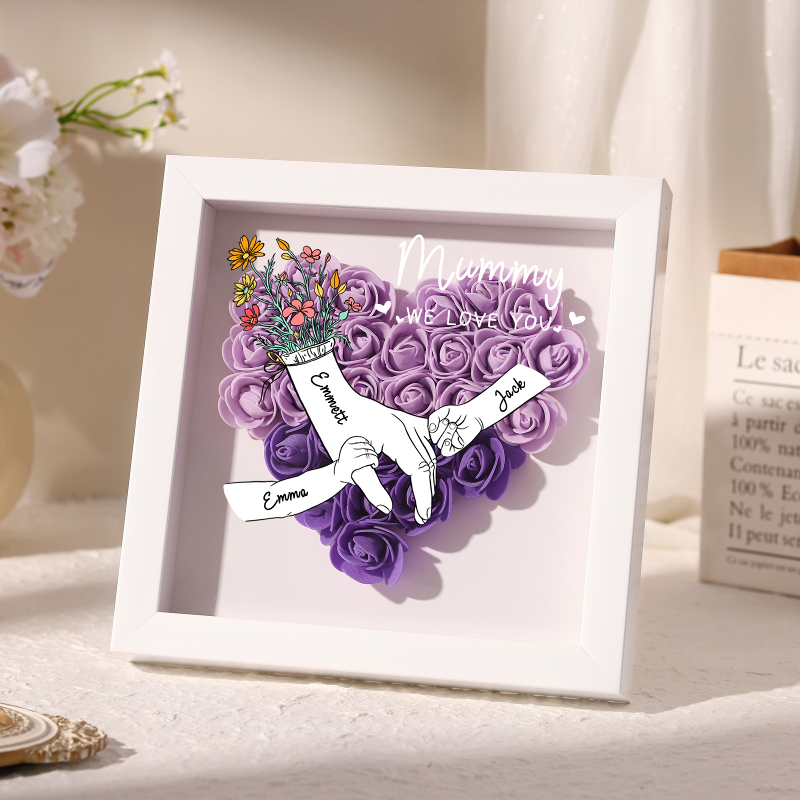 3 Names - Custom 3D Flower Shadow Plaque - Personalized Gift Decor with Names & Texts - Mother's Day, Grandma, Wife Plaque