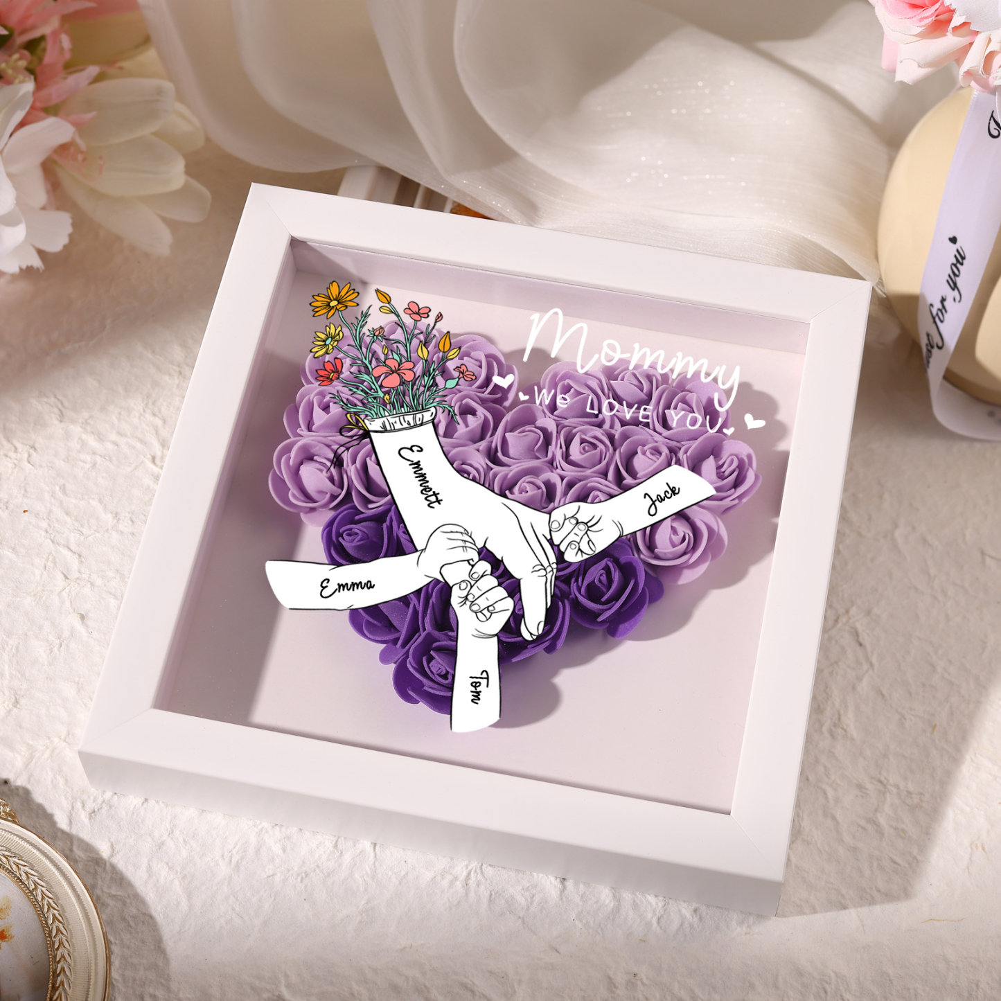 4 Names - Custom 3D Flower Shadow Plaque - Personalized Gift Decor with Names & Texts - Mother's Day, Grandma, Wife Plaque