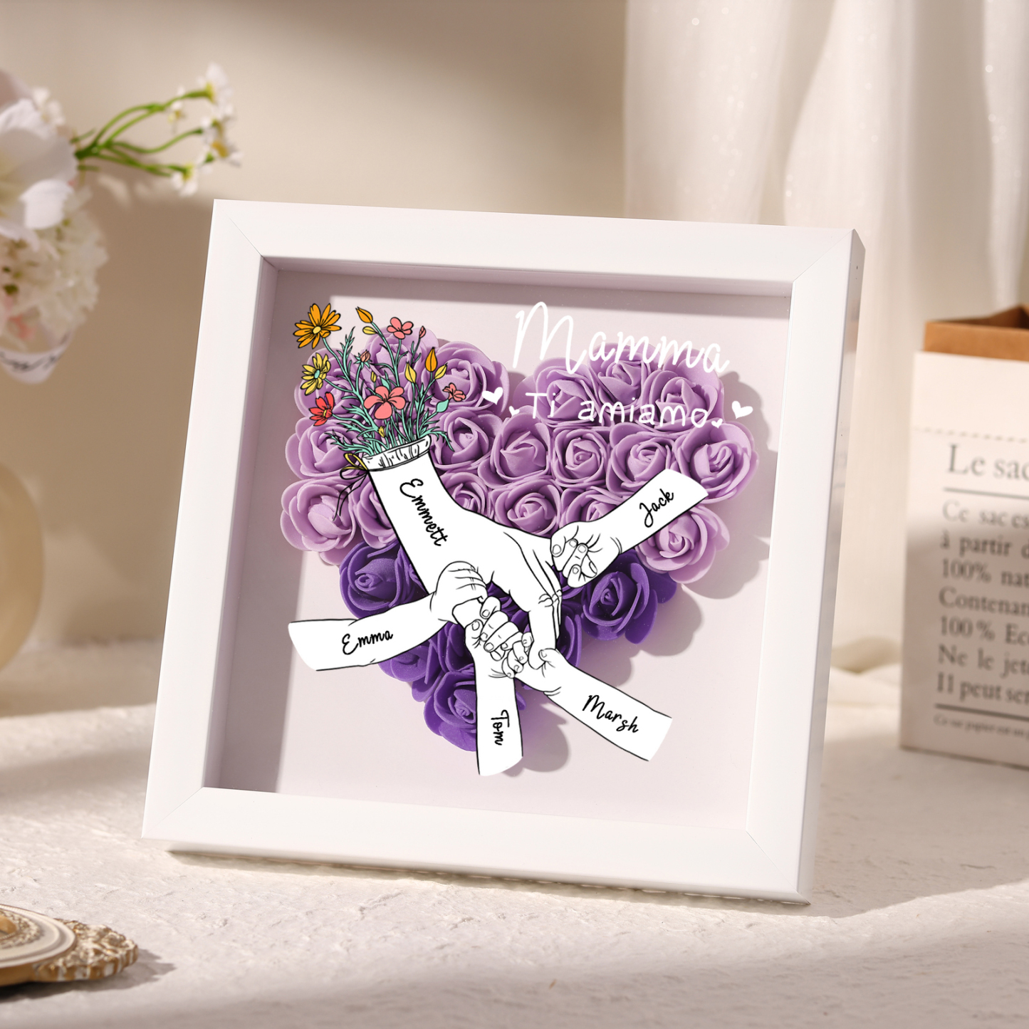 5 Names - Custom 3D Flower Shadow Plaque - Personalized Gift Decor with Names & Texts - Mother's Day, Grandma, Wife Plaque