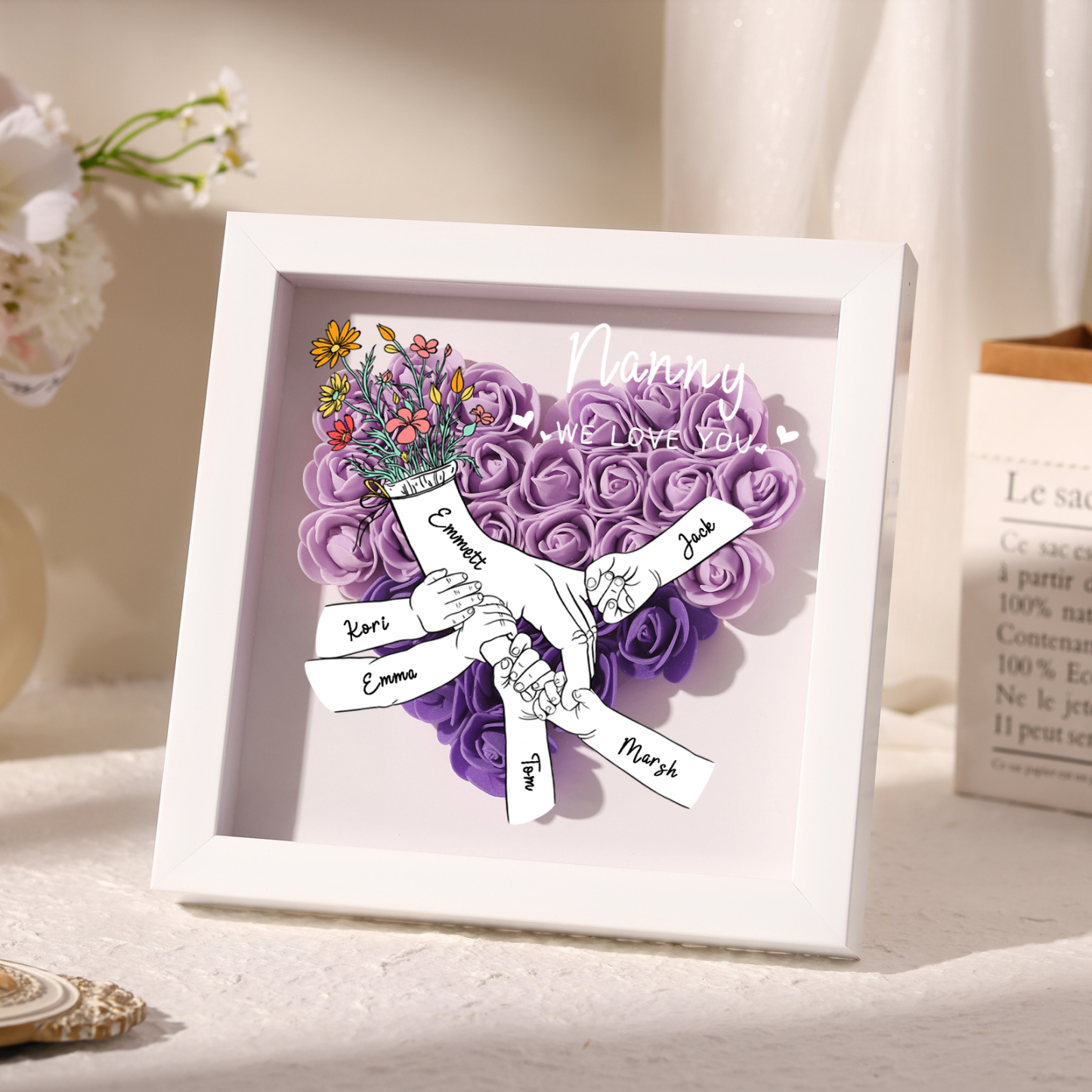 6 Names - Custom 3D Flower Shadow Plaque - Personalized Gift Decor with Names & Texts - Mother's Day, Grandma, Wife Plaque