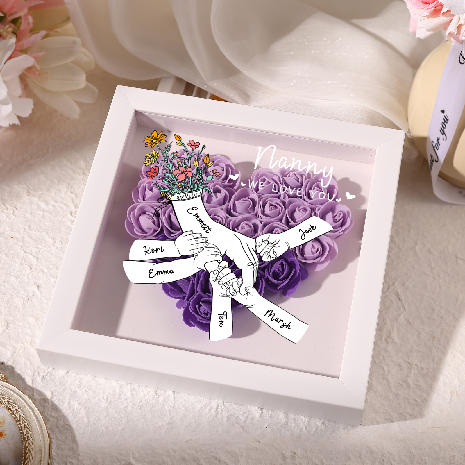 6 Names - Custom 3D Flower Shadow Plaque - Personalized Gift Decor with Names & Texts - Mother's Day, Grandma, Wife Plaque