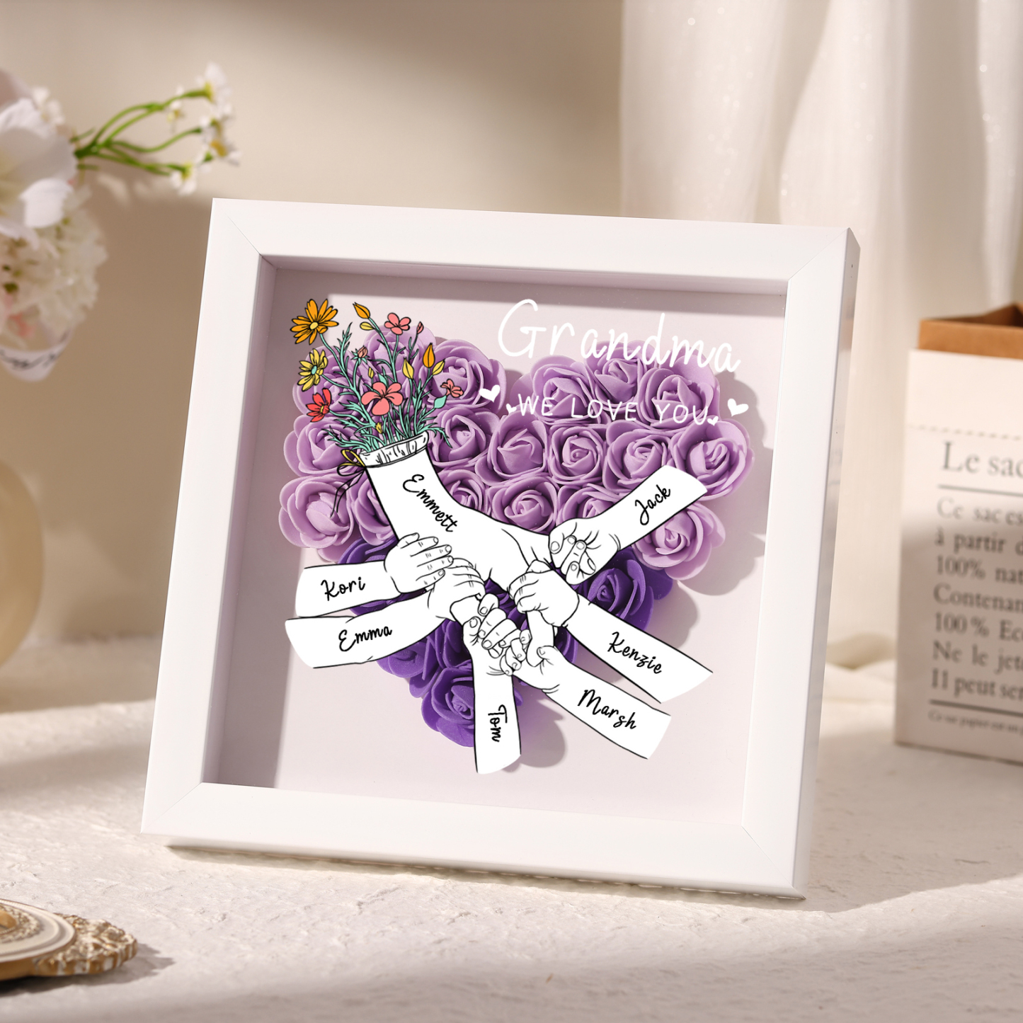 7 Names - Custom 3D Flower Shadow Plaque - Personalized Gift Decor with Names & Texts - Mother's Day, Grandma, Wife Plaque