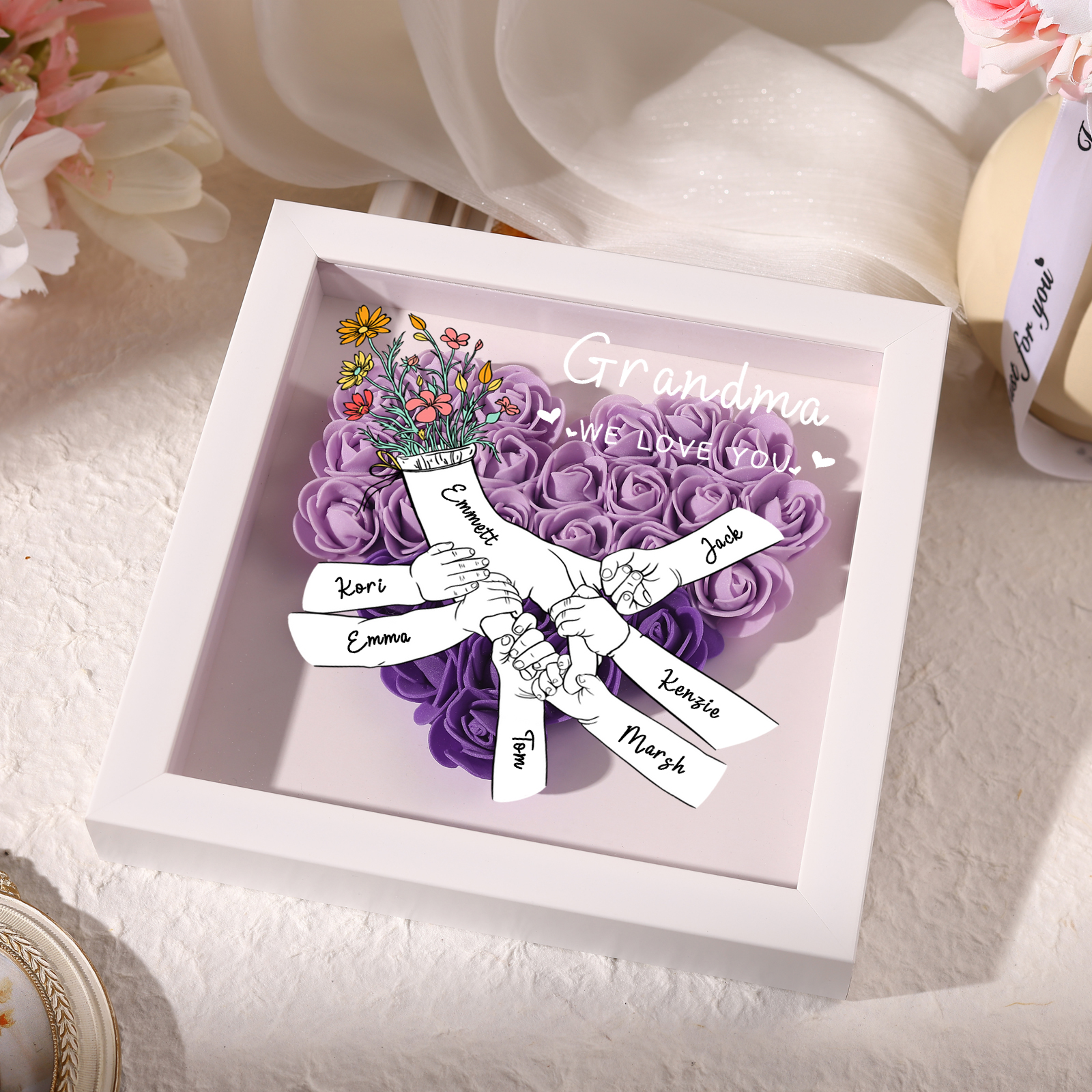 7 Names - Custom 3D Flower Shadow Plaque - Personalized Gift Decor with Names & Texts - Mother's Day, Grandma, Wife Plaque