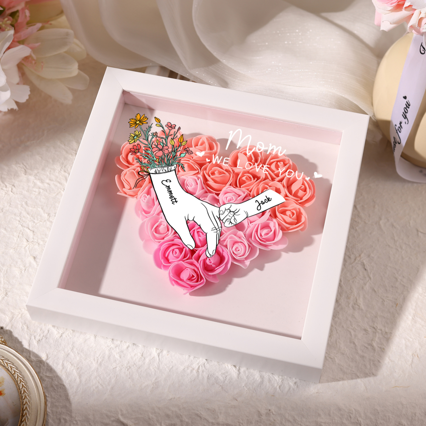 2 Names - Custom 3D Flower Shadow Box - Personalized Gift Decor with Names & Texts - Mother's Day, Grandma, Wife Gift