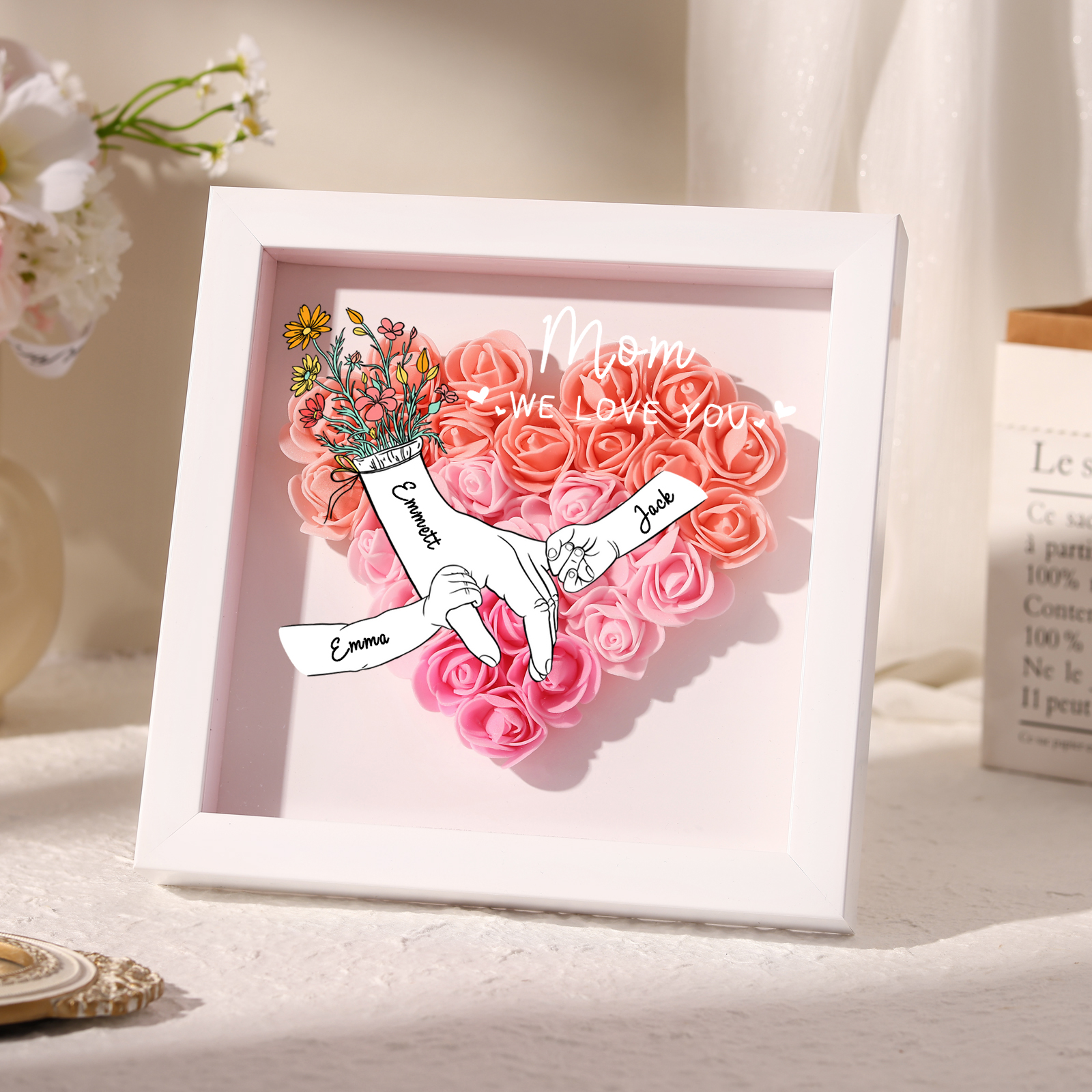 3 Names - Custom 3D Flower Shadow Plaque - Personalized Gift Decor with Names & Texts - Mother's Day, Grandma, Wife Plaque