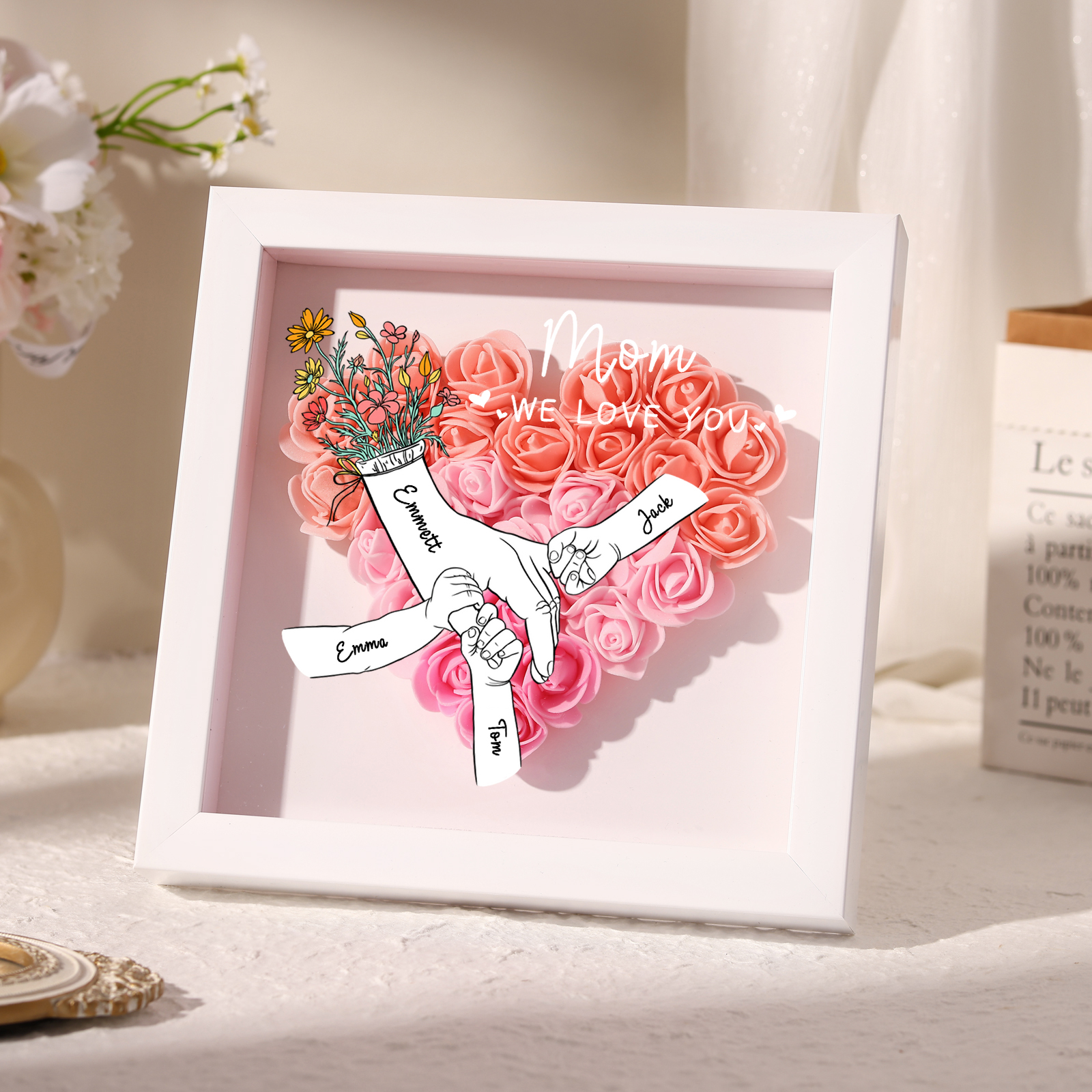 4 Names - Custom 3D Flower Shadow Plaque - Personalized Gift Decor with Names & Texts - Mother's Day, Grandma, Wife Plaque