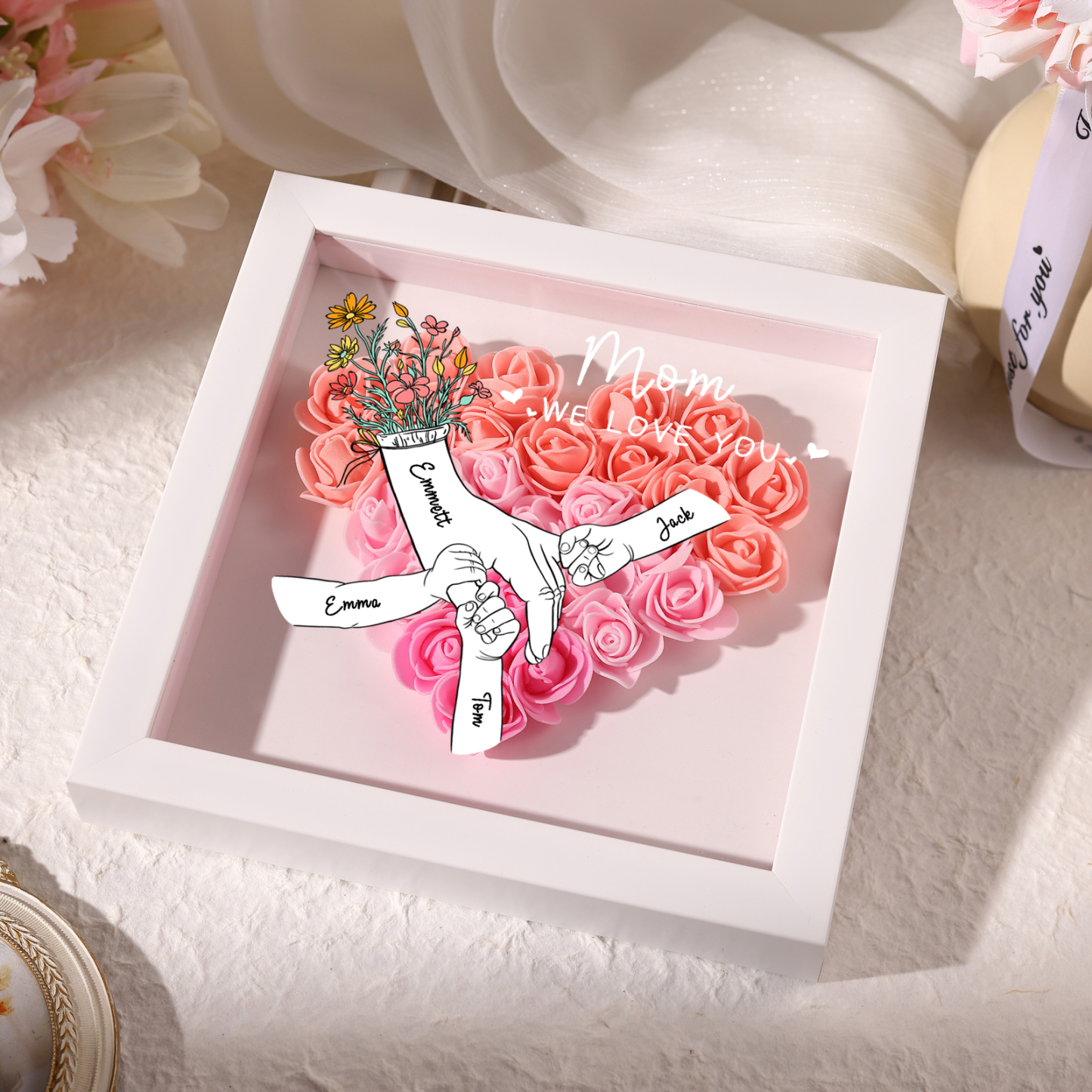 4 Names - Custom 3D Flower Shadow Plaque - Personalized Gift Decor with Names & Texts - Mother's Day, Grandma, Wife Plaque