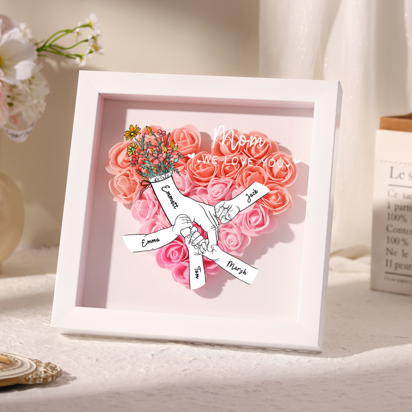 5 Names - Custom 3D Flower Shadow Plaque - Personalized Gift Decor with Names & Texts - Mother's Day, Grandma, Wife Plaque