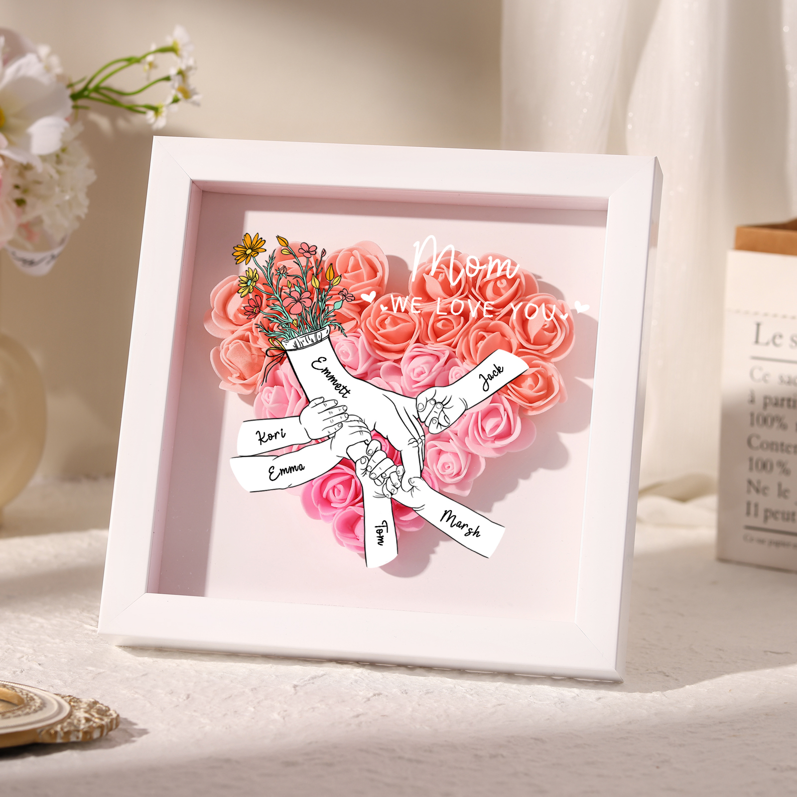 6 Names - Custom 3D Flower Shadow Plaque - Personalized Gift Decor with Names & Texts - Mother's Day, Grandma, Wife Plaque