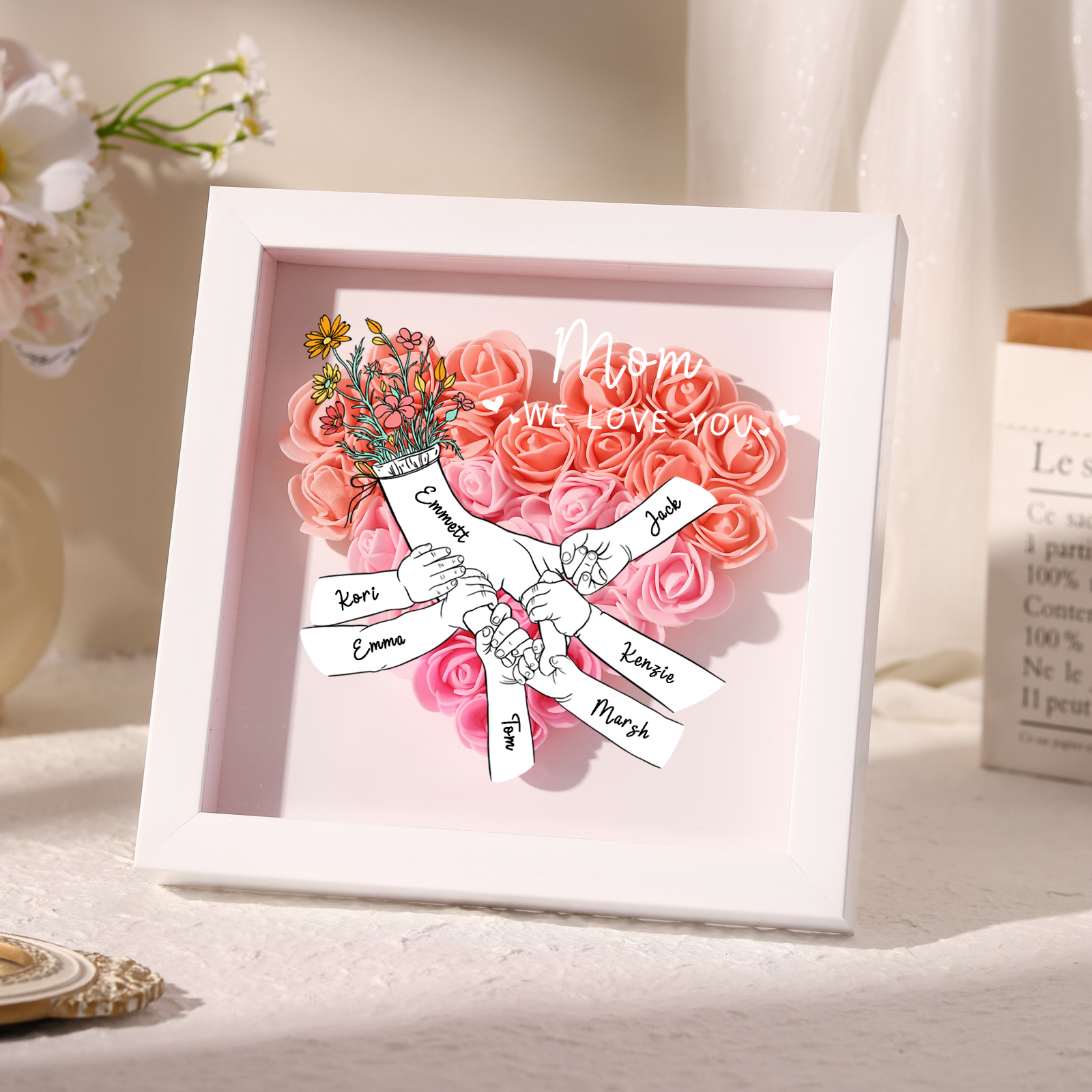 7 Names - Custom 3D Flower Shadow Plaque - Personalized Gift Decor with Names & Texts - Mother's Day, Grandma, Wife Plaque