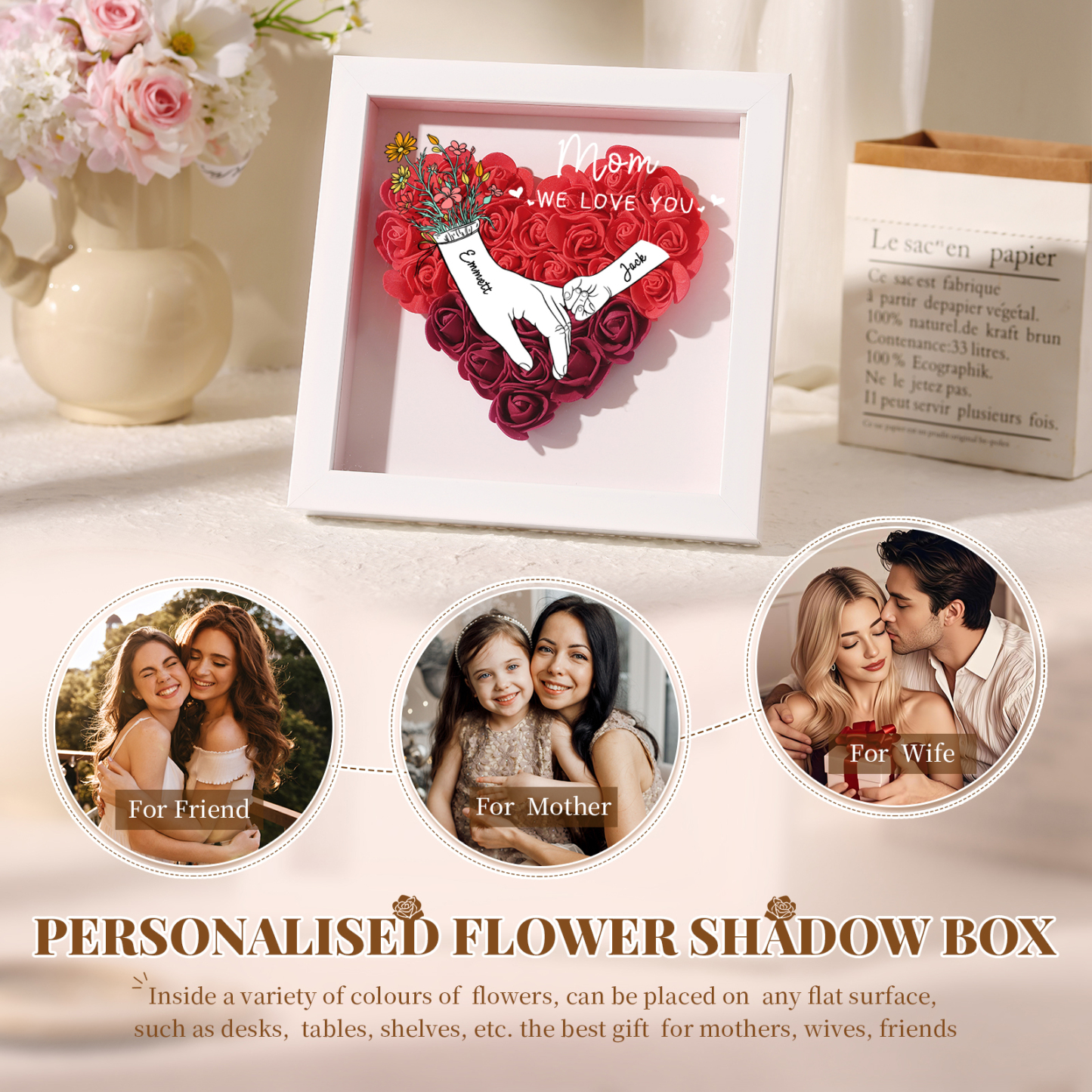 2 Names - Custom 3D Flower Shadow Plaque - Personalized Gift Decor with Names & Texts - Mother's Day, Grandma, Wife Plaque