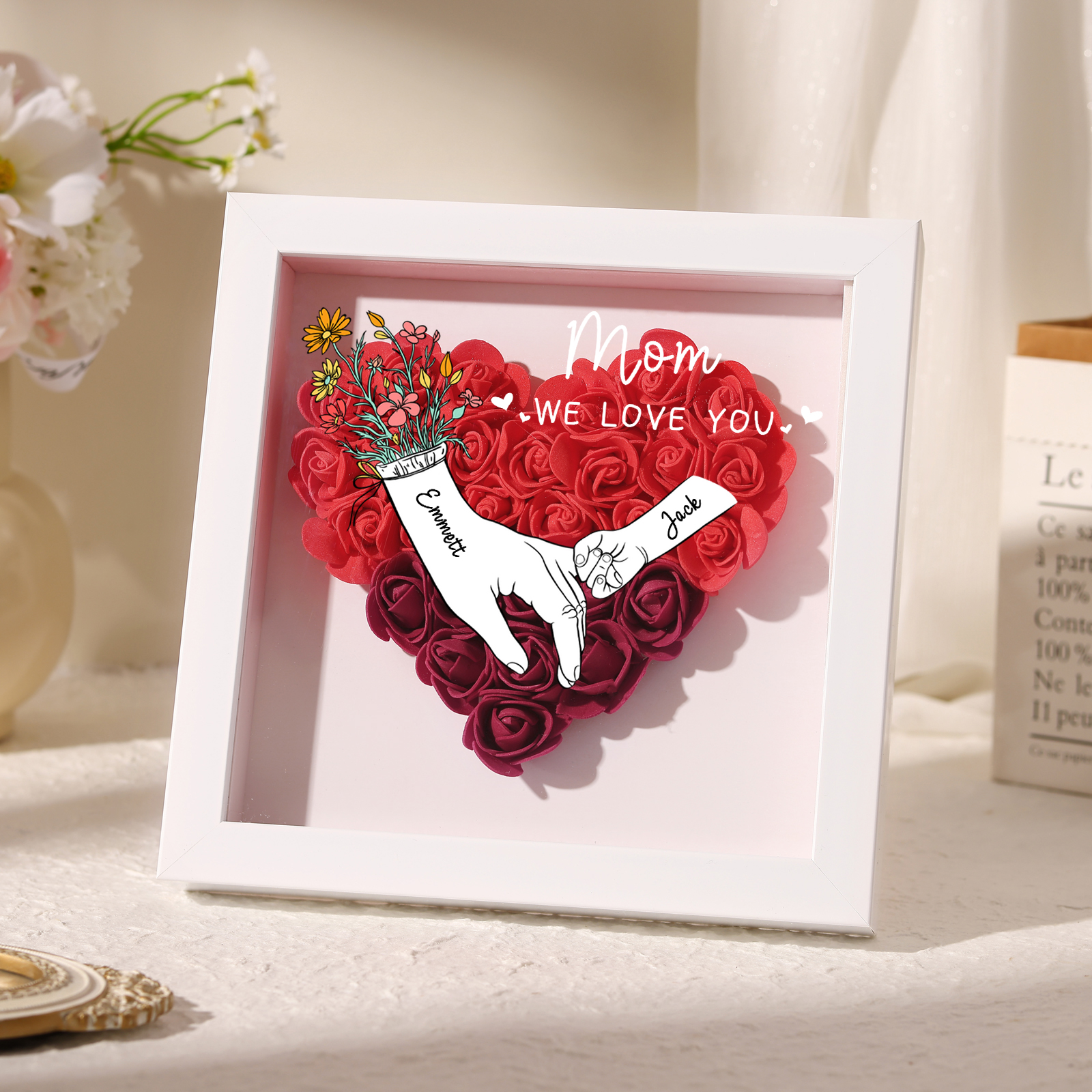 2 Names - Custom 3D Flower Shadow Plaque - Personalized Gift Decor with Names & Texts - Mother's Day, Grandma, Wife Plaque