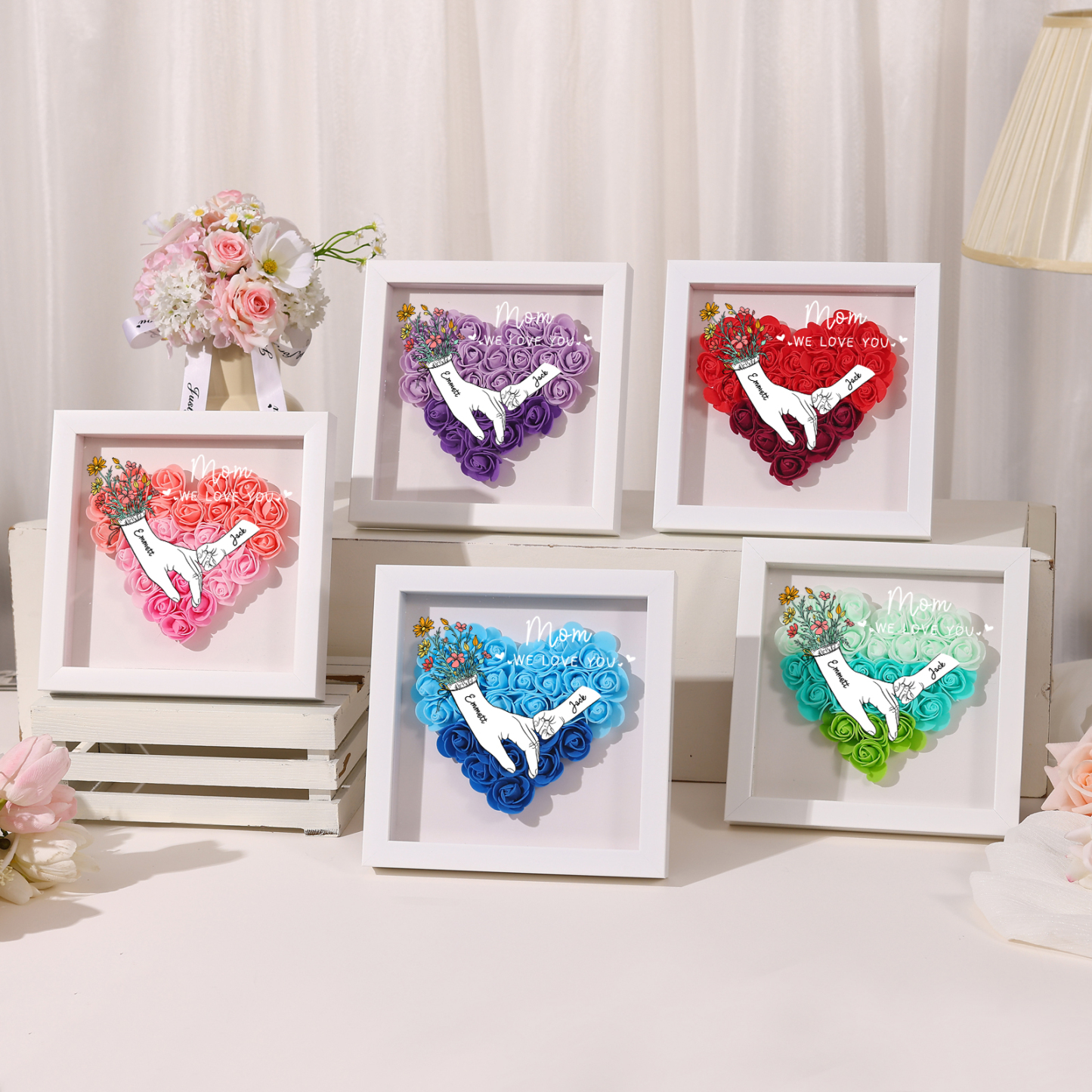 2 Names - Custom 3D Flower Shadow Plaque - Personalized Gift Decor with Names & Texts - Mother's Day, Grandma, Wife Plaque