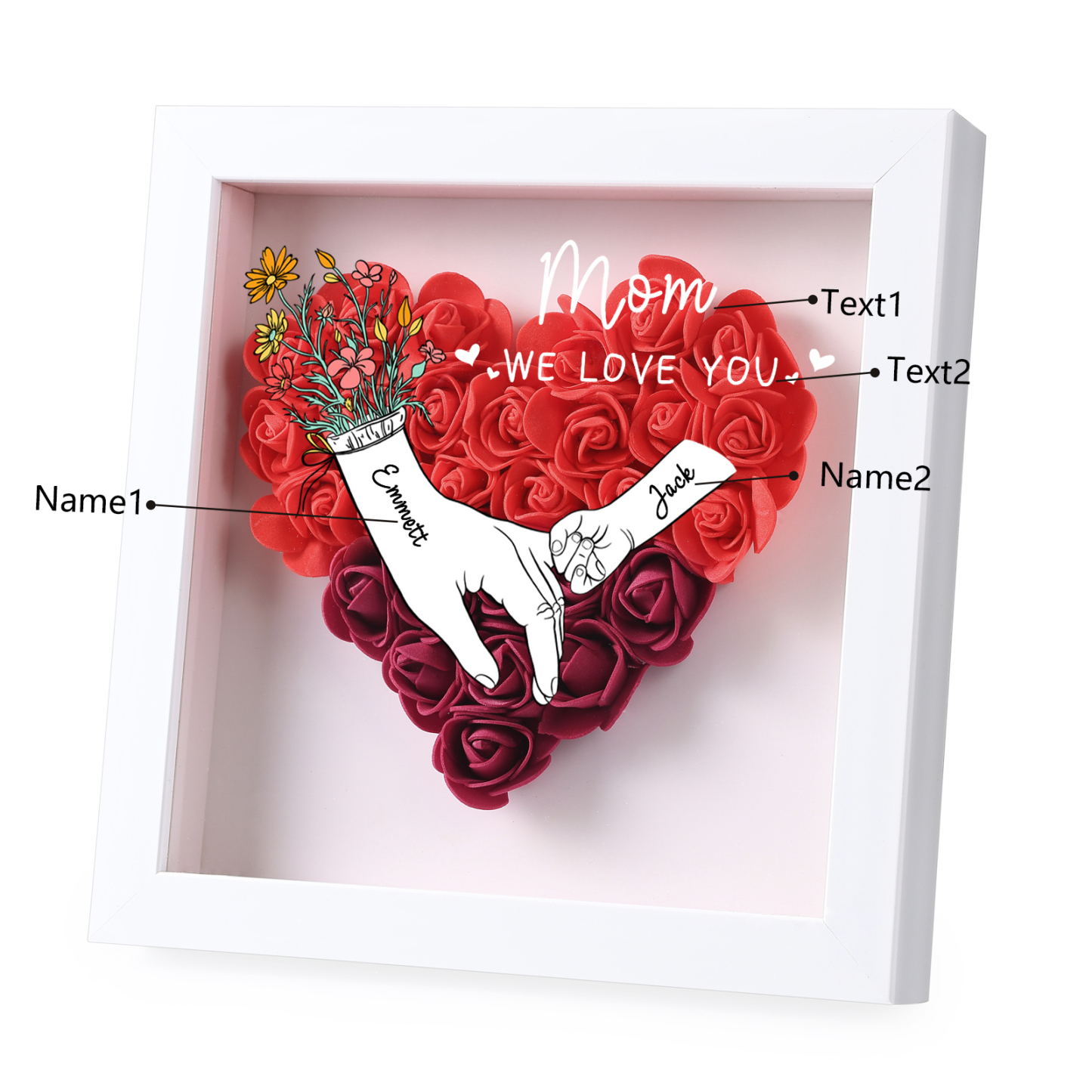 2 Names - Custom 3D Flower Shadow Plaque - Personalized Gift Decor with Names & Texts - Mother's Day, Grandma, Wife Plaque