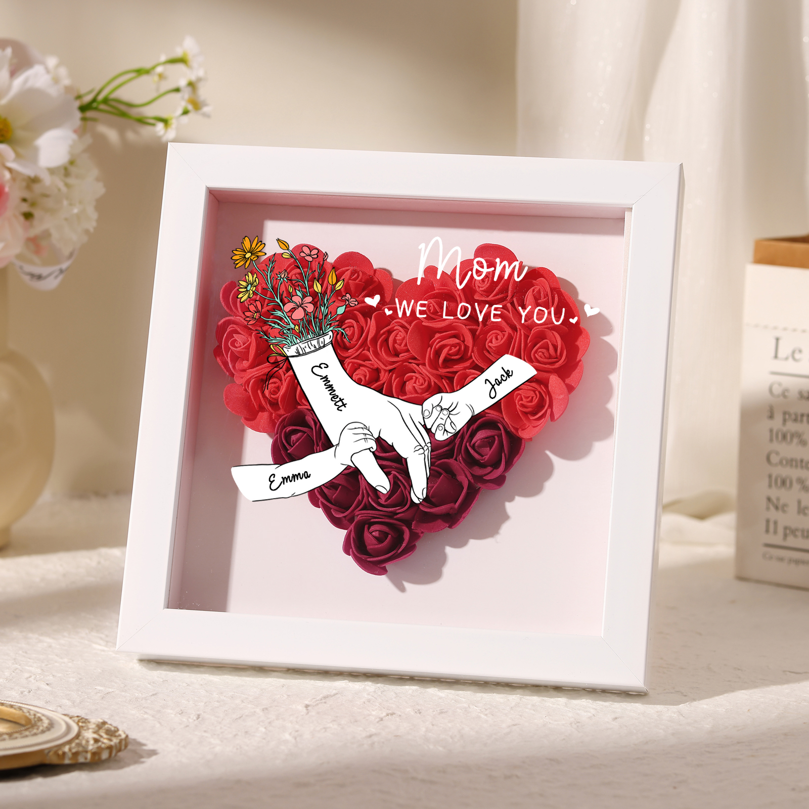 3 Names - Custom 3D Flower Shadow Plaque - Personalized Gift Decor with Names & Texts - Mother's Day, Grandma, Wife Plaque