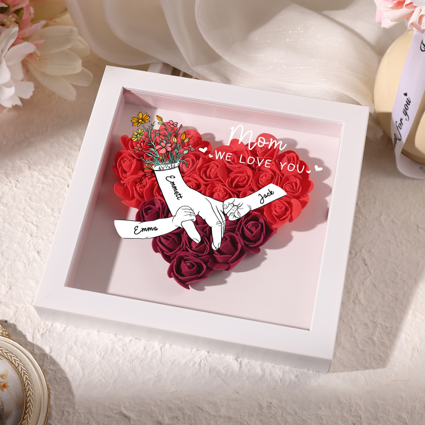 3 Names - Custom 3D Flower Shadow Plaque - Personalized Gift Decor with Names & Texts - Mother's Day, Grandma, Wife Plaque