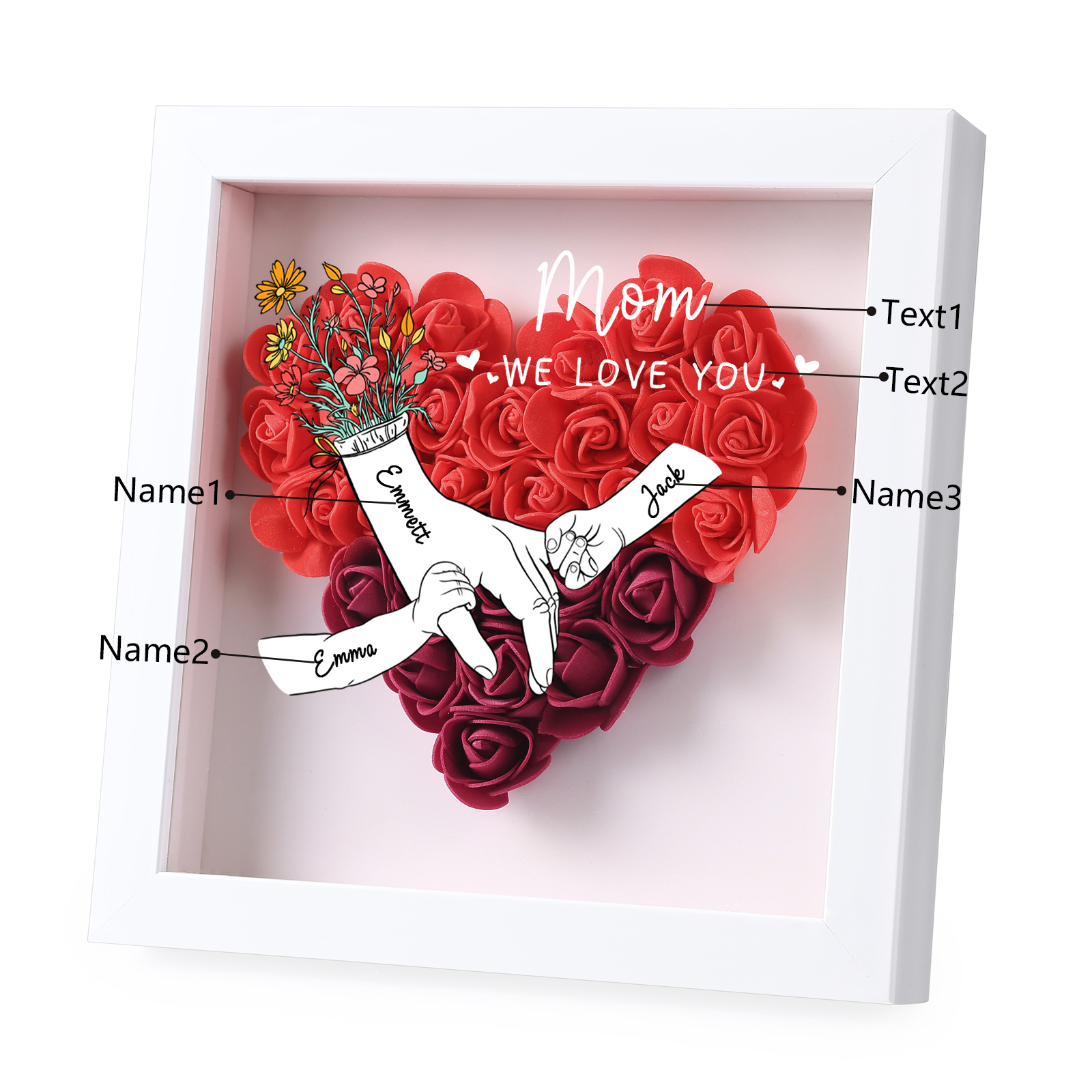 3 Names - Custom 3D Flower Shadow Plaque - Personalized Gift Decor with Names & Texts - Mother's Day, Grandma, Wife Plaque