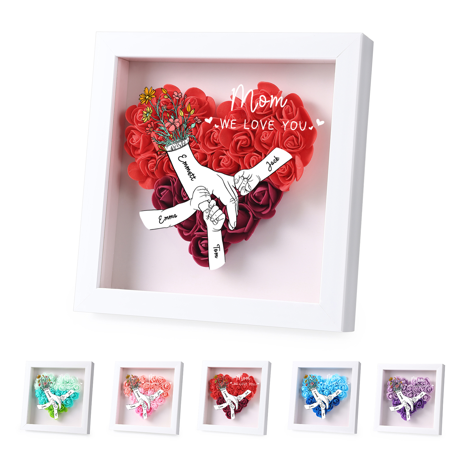 4 Names - Custom 3D Flower Shadow Plaque - Personalized Gift Decor with Names & Texts - Mother's Day, Grandma, Wife Plaque