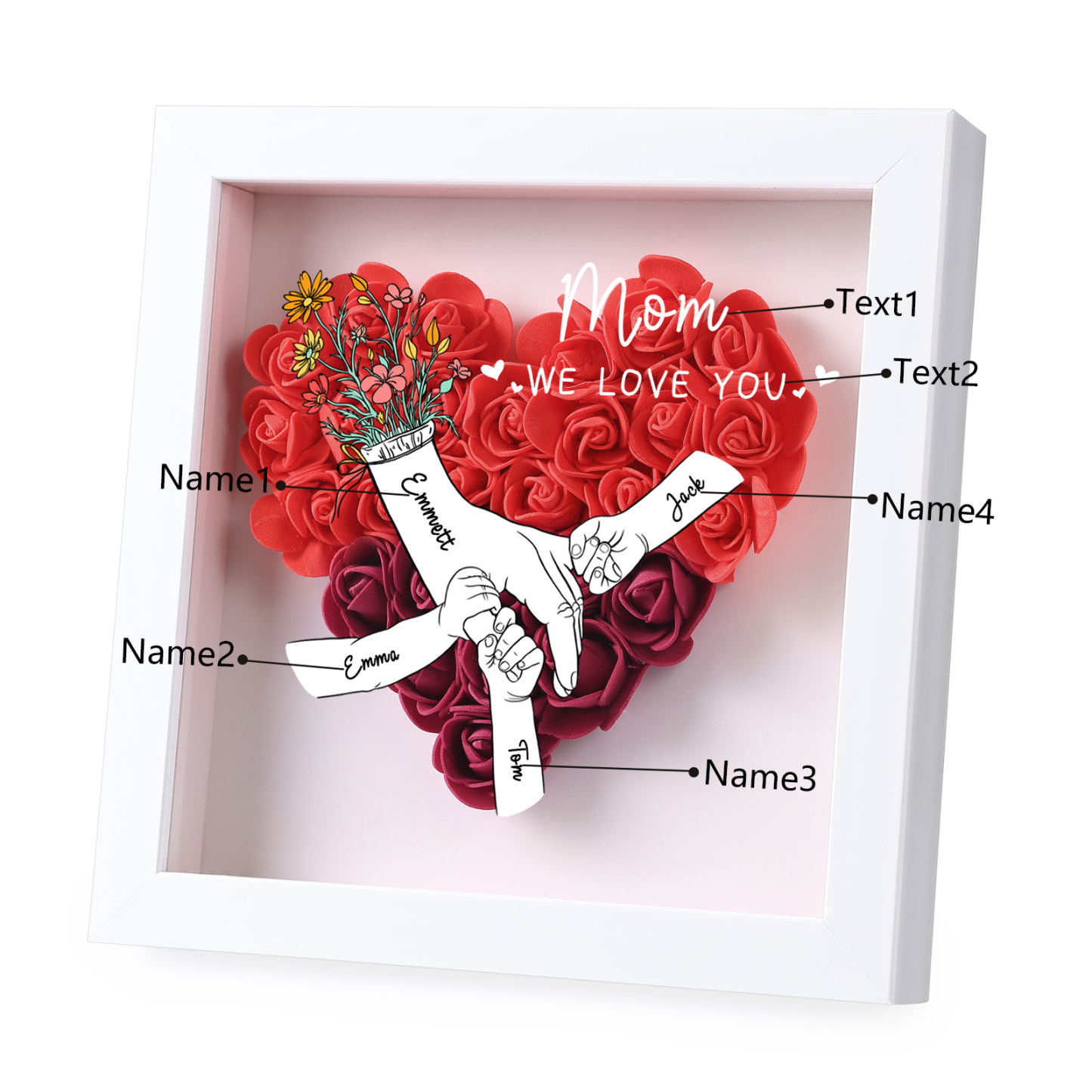 4 Names - Custom 3D Flower Shadow Plaque - Personalized Gift Decor with Names & Texts - Mother's Day, Grandma, Wife Plaque