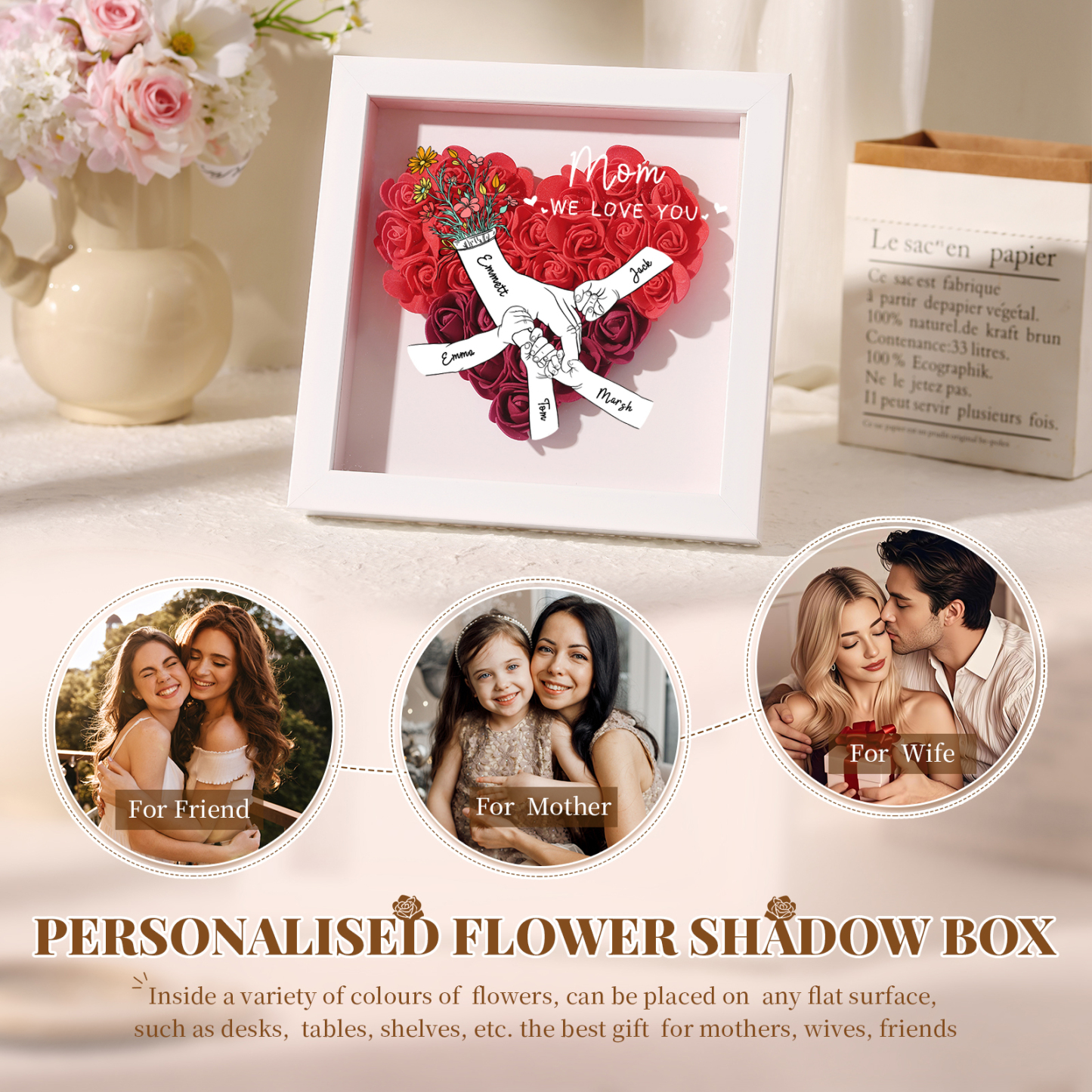 5 Names - Custom 3D Flower Shadow Plaque - Personalized Gift Decor with Names & Texts - Mother's Day, Grandma, Wife Plaque