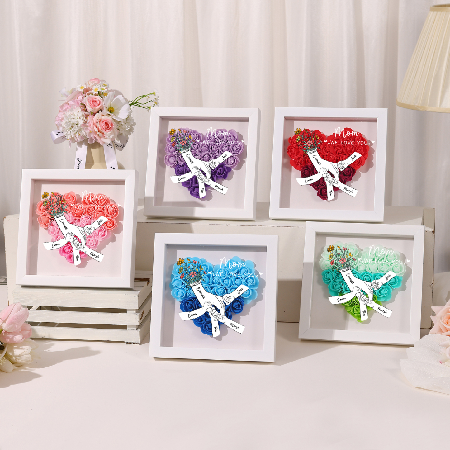 5 Names - Custom 3D Flower Shadow Plaque - Personalized Gift Decor with Names & Texts - Mother's Day, Grandma, Wife Plaque