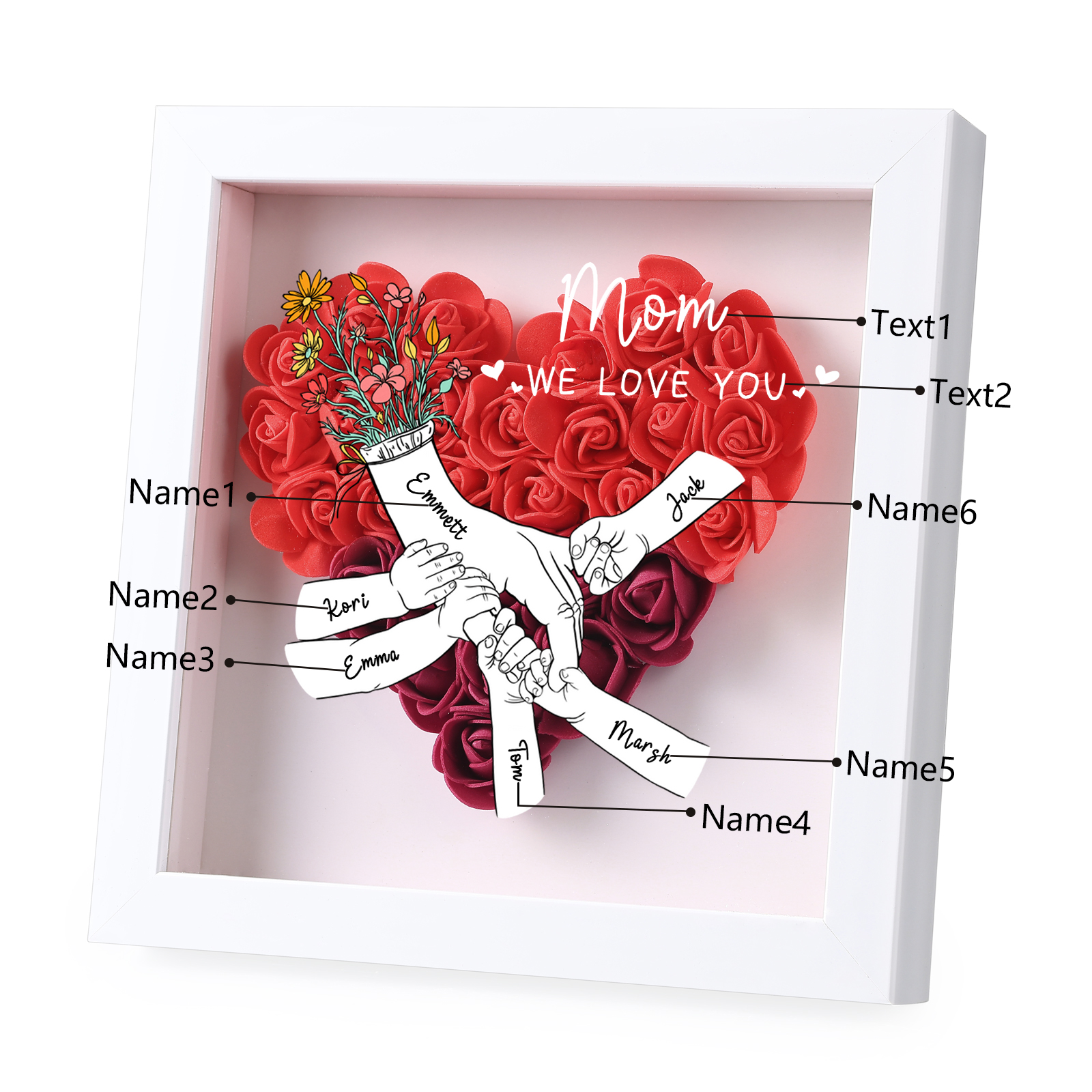 6 Names - Custom 3D Flower Shadow Plaque - Personalized Gift Decor with Names & Texts - Mother's Day, Grandma, Wife Plaque