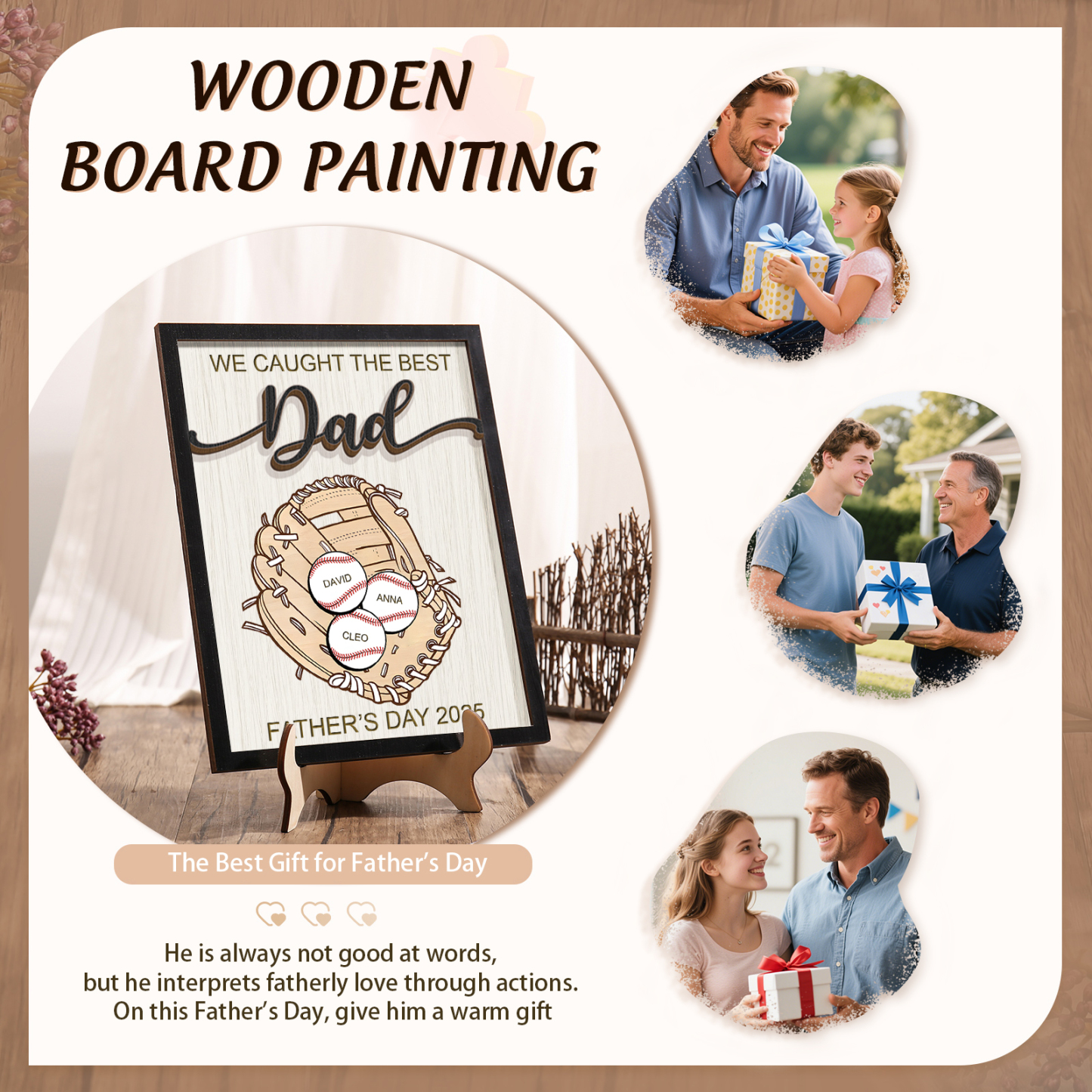 3 names - Personalized Baseball-Themed Father’s Day Plaque – Engraved Wooden Baseball Plaque with Names - Personalized Gift for Dad with Kids | Jessemade