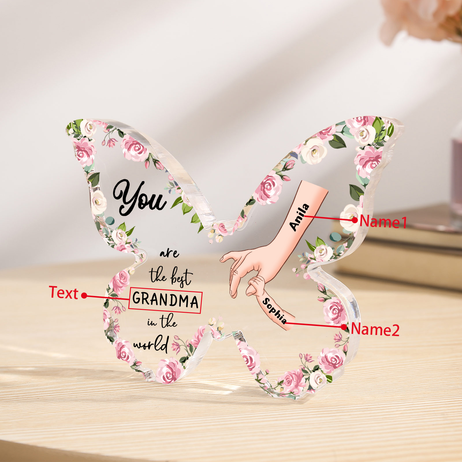 2 Names - Personalized Butterfly Acrylic Plaque for Mom- Custom Gift with Multiple Names and Texts for Mother's Day