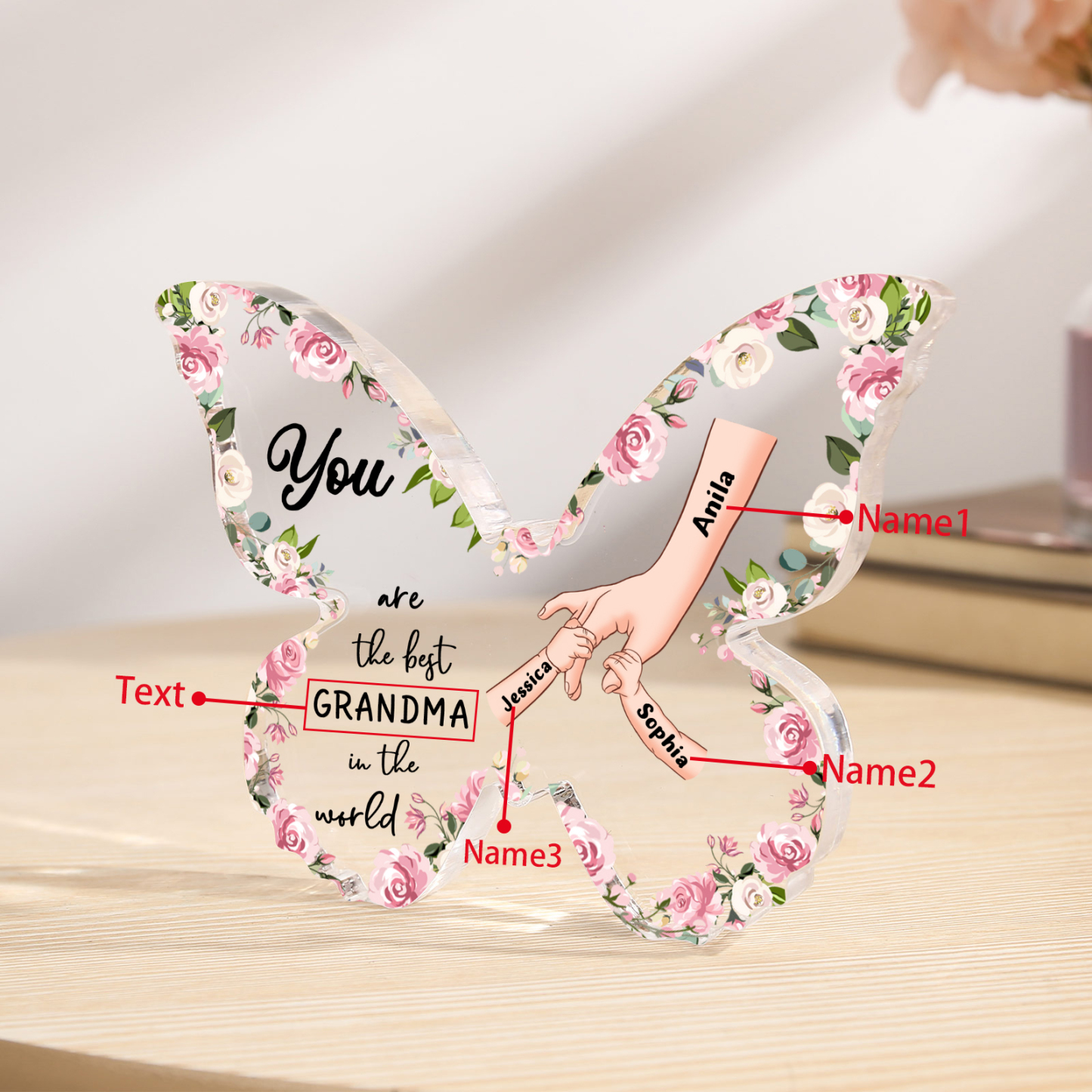 3 Names - Personalized Butterfly Acrylic Plaque for Mom- Custom Gift with Multiple Names and Texts for Mother's Day