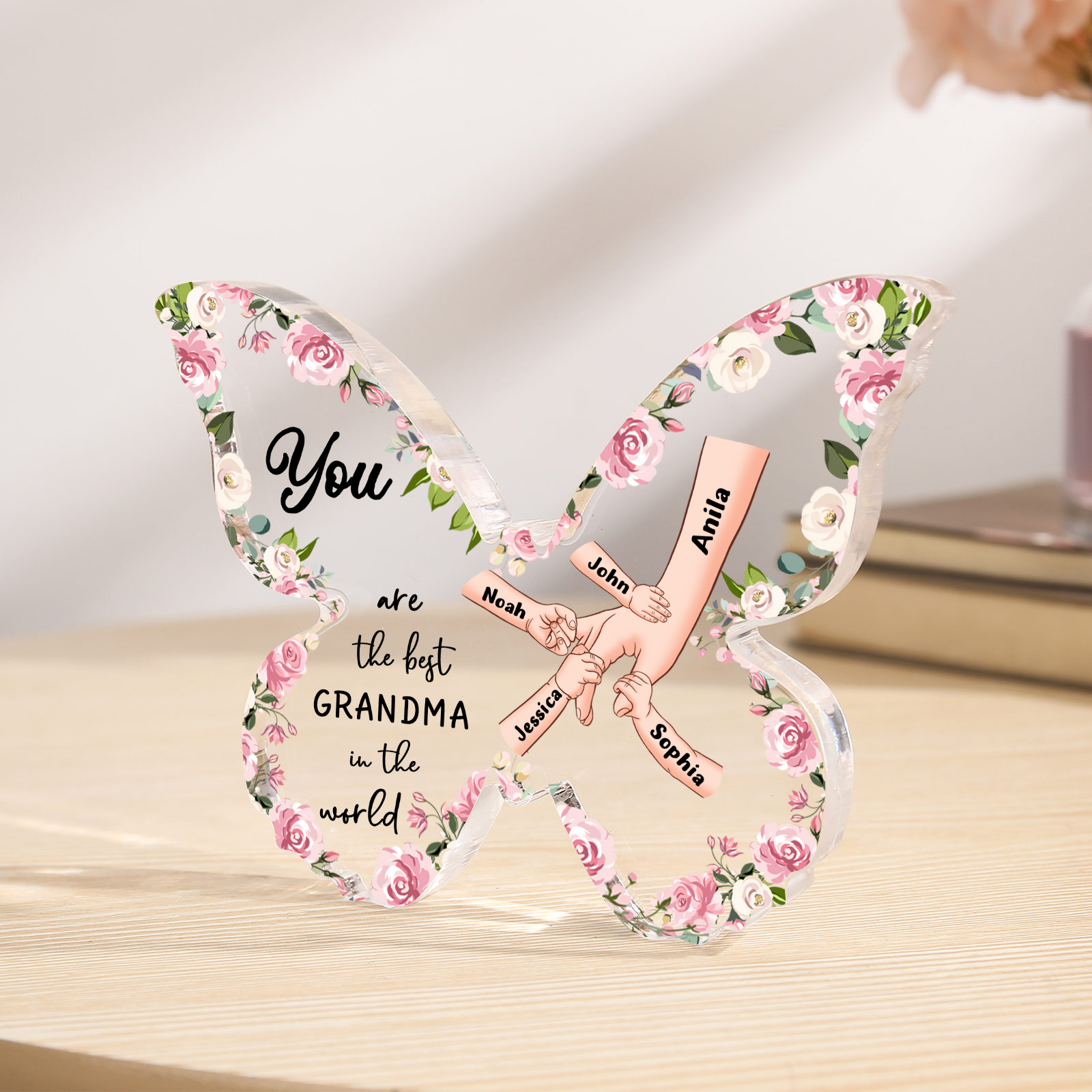 5 Names - Personalized Butterfly Acrylic Plaque for Mom- Custom Gift with Multiple Names and Texts for Mother's Day