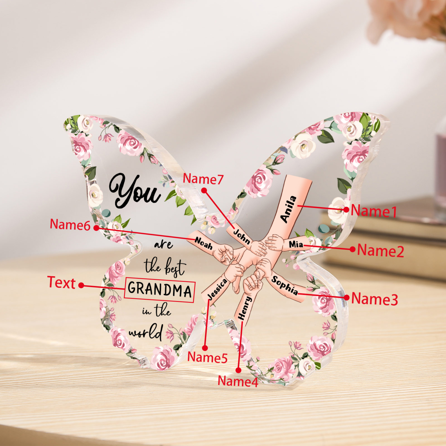 7 Names - Personalized Butterfly Acrylic Plaque for Mom- Custom Gift with Multiple Names and Texts for Mother's Day