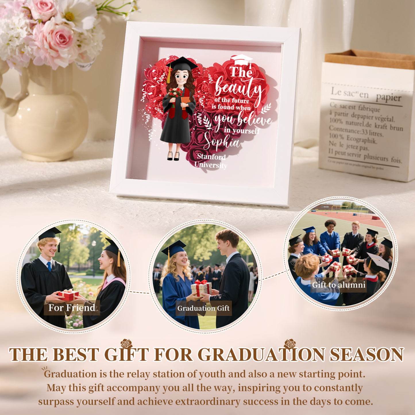 Personalized Graduation Flower Frame Keepsake – 3D Graduate Figurine and Rose Display Gift