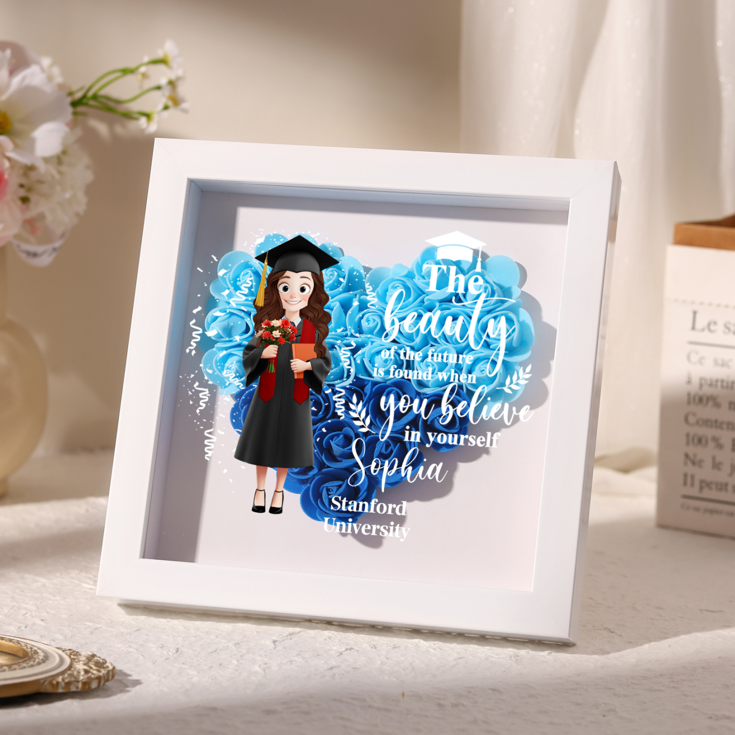 Personalized Graduation Flower Frame Keepsake – 3D Graduate Figurine and Rose Display Gift