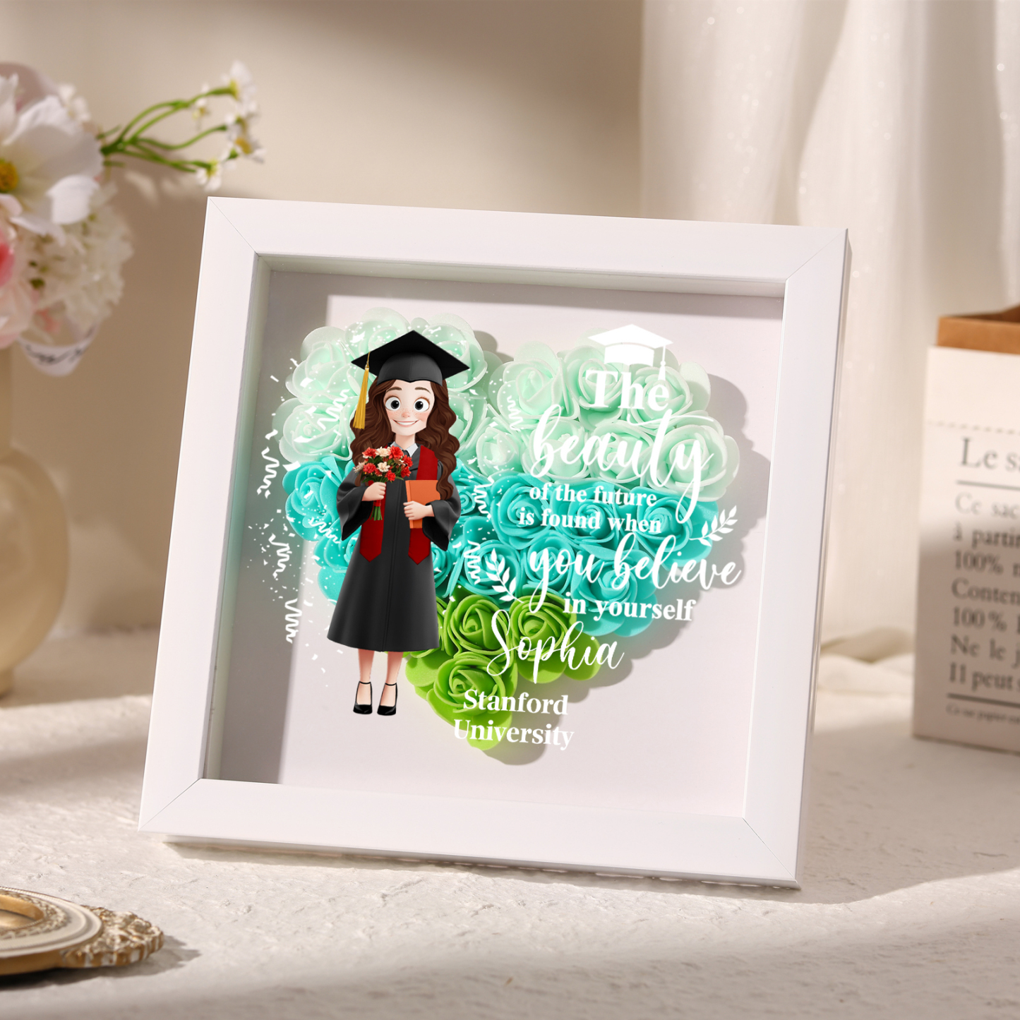 Personalized Graduation Flower Frame Keepsake – 3D Graduate Figurine and Rose Display Gift