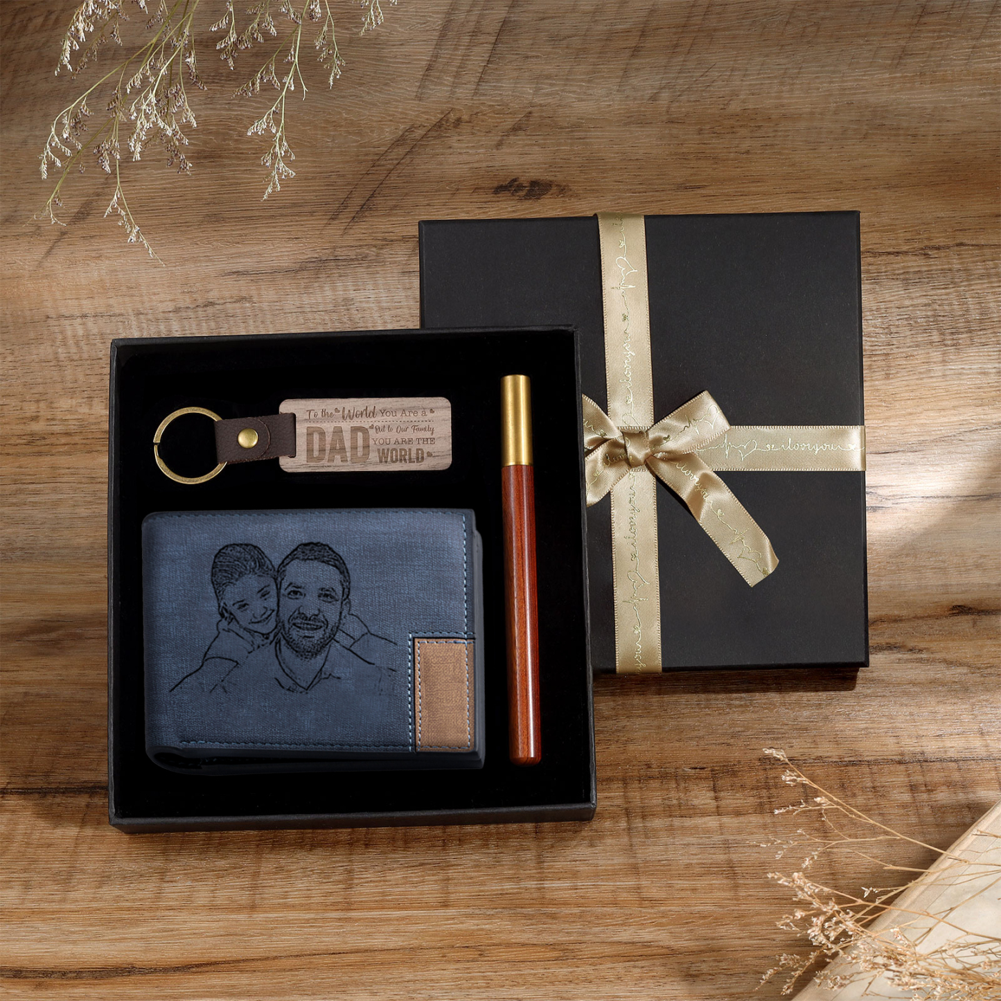 Photo Personalized Leather Wallet Gift Box Set with Keychain Customizable Letter Name Wallet Gift for Dad