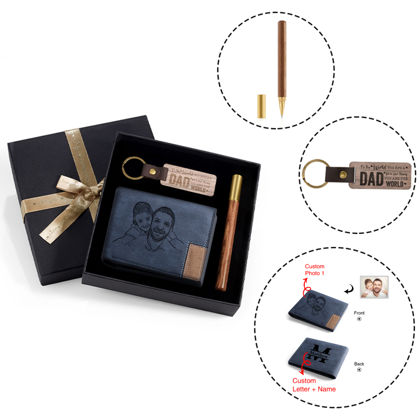 Photo Personalized Leather Wallet Gift Box Set with Keychain Customizable Letter Name Wallet Gift for Dad