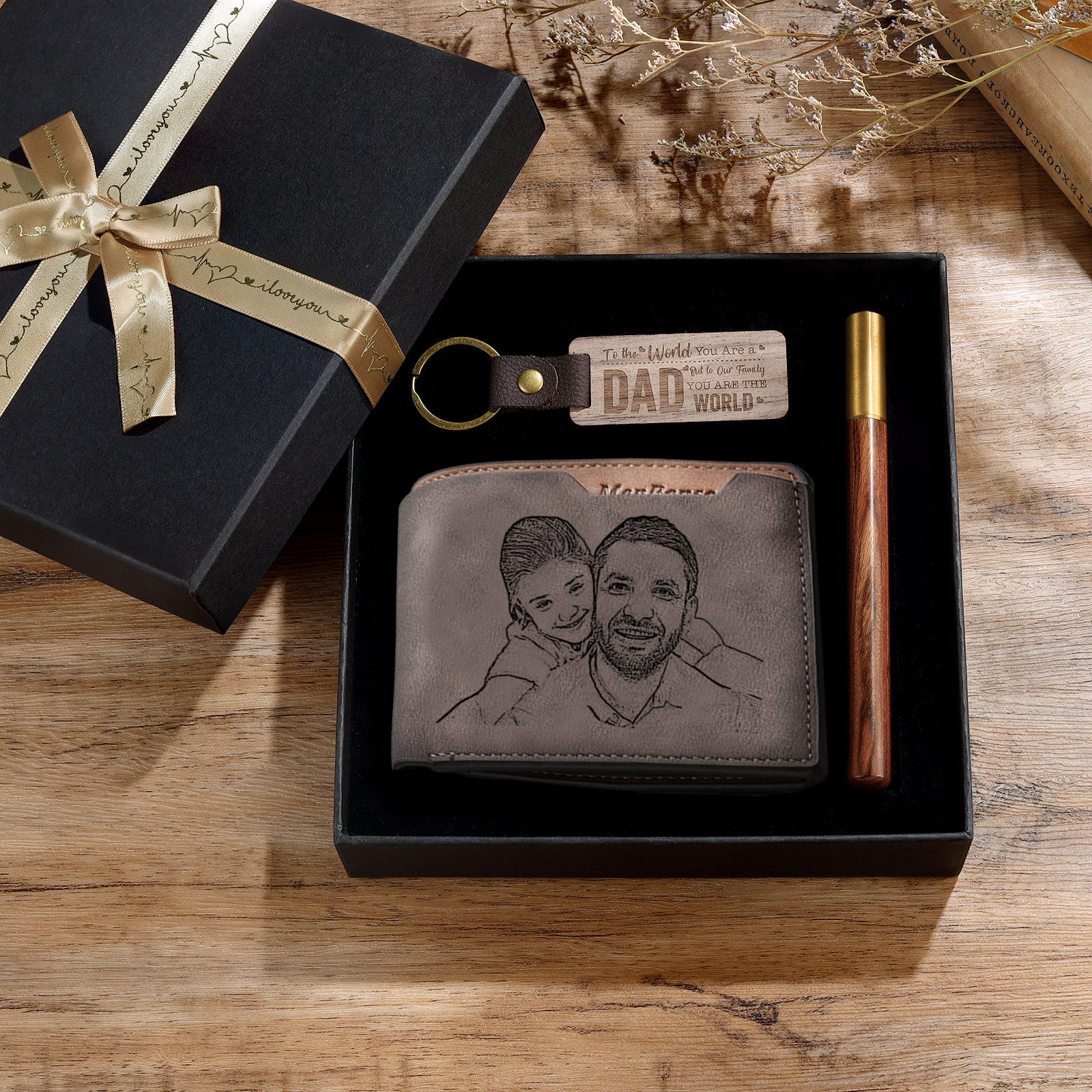 Photo Personalized Leather Wallet Gift Box Set with Keychain Customizable Letter Name Wallet Gift for Dad